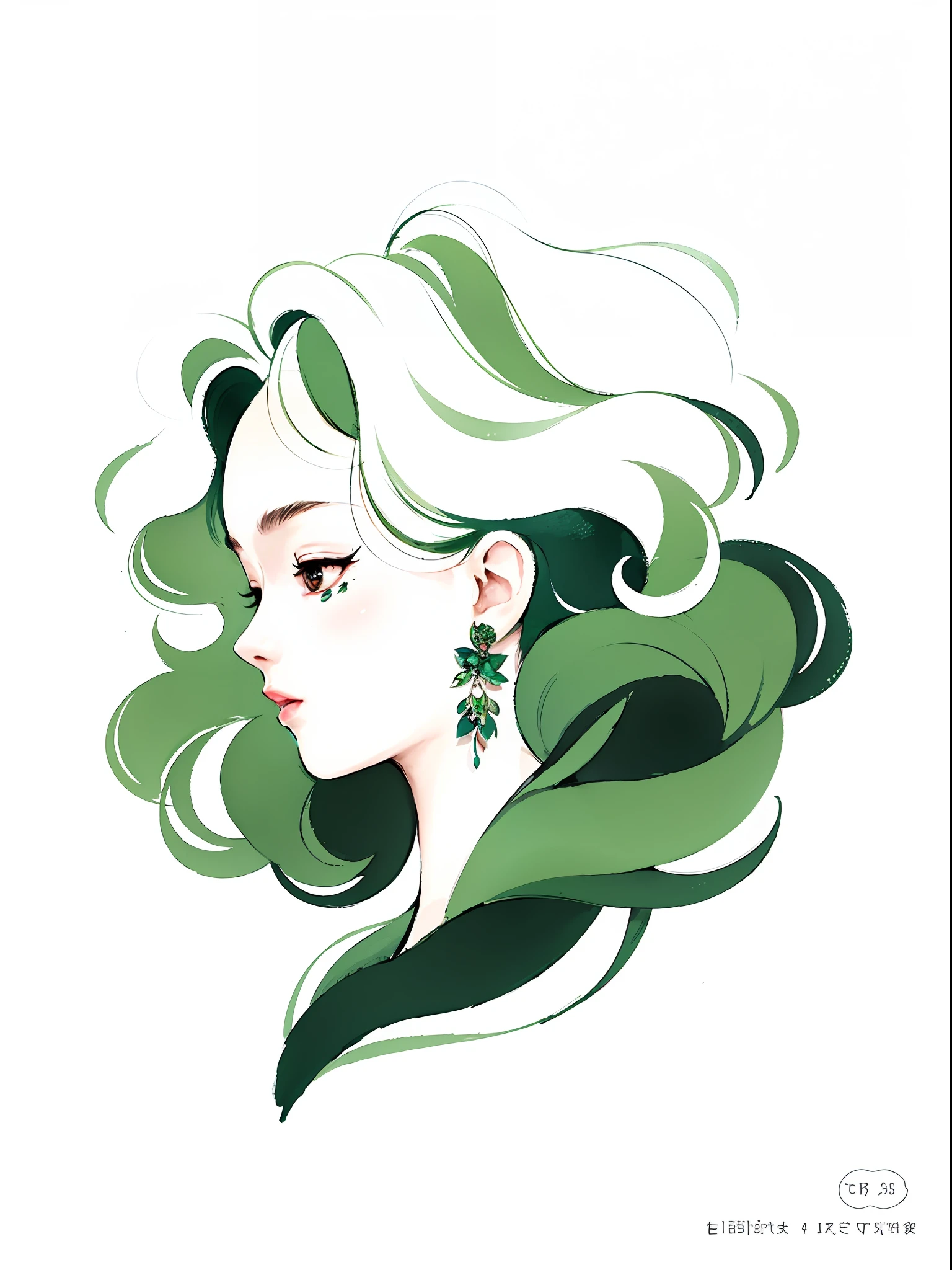 illustration of a woman with green hair and earrings, tatsumaki, tatsumaki with green curly hair, green flowing hair, a beautiful artwork illustration, loish art style, green feathery hair, character design portrait, dark green leaf hair, in style of digital illustration, character illustration, illustration style, green hair, inspired by loish, loish |