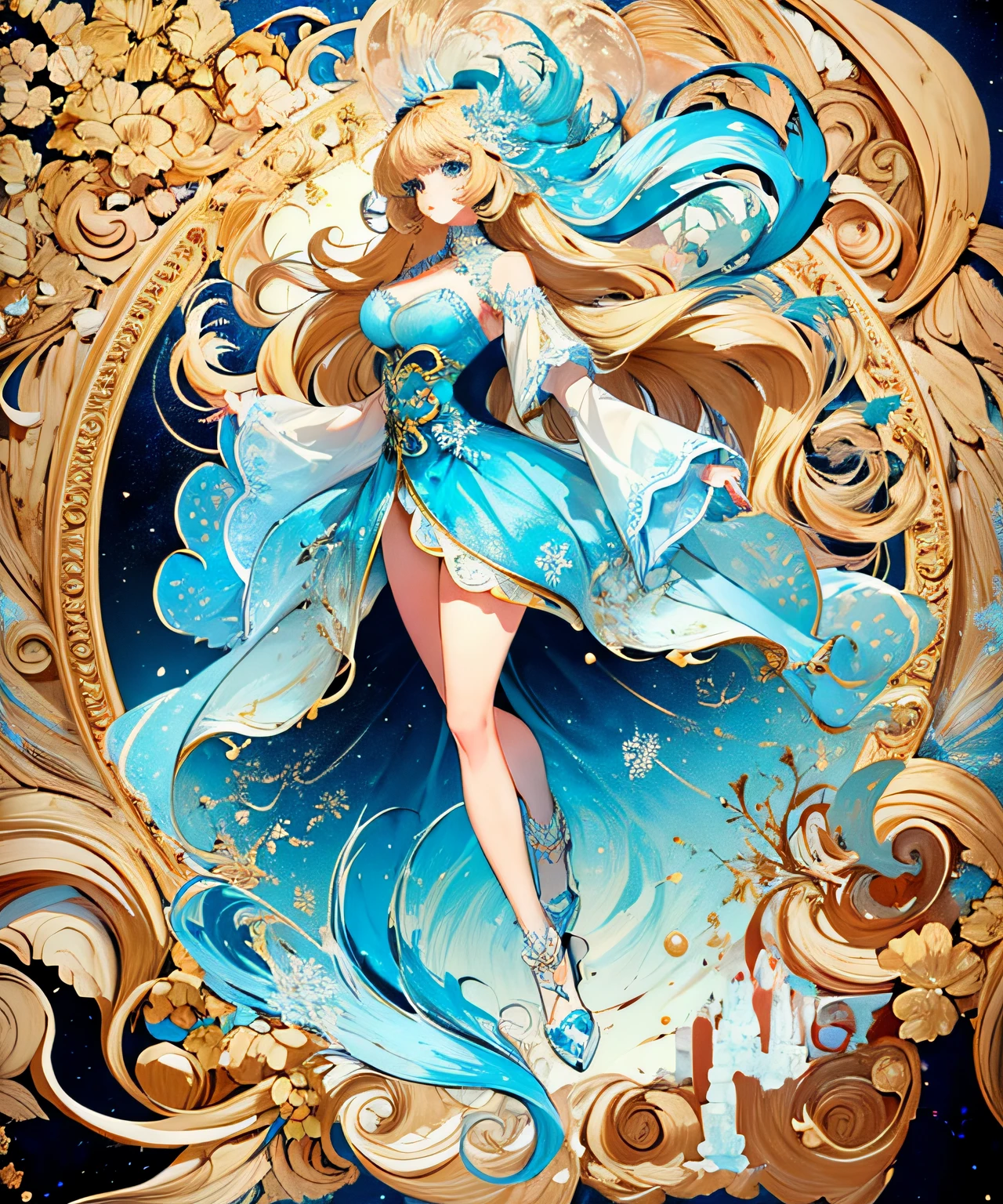 ((best quality)), ((masterpiece)), (ultra-detailed), (illustration), (detailed light), (an extremely delicious and beautiful), a girl, (very long blonde hair: 1.2), (blue eyes: 1.2) cute face, two legs, long skirt, (beautiful and detailed eyes), eyes full of stars, messy floating hair, colored inner hair, Starry sky dotted hair, (lots_of_big_colorful_Bubble), [pearl], [milky way], depth of field, [ice crystal], (snowflake), 20 years old, sexy theme, high detail, perfect face shape, perfect body, oversize model, full body, equally beautiful anime style girl, mature woman, tall long legs, extra huge breasts,,16k ,