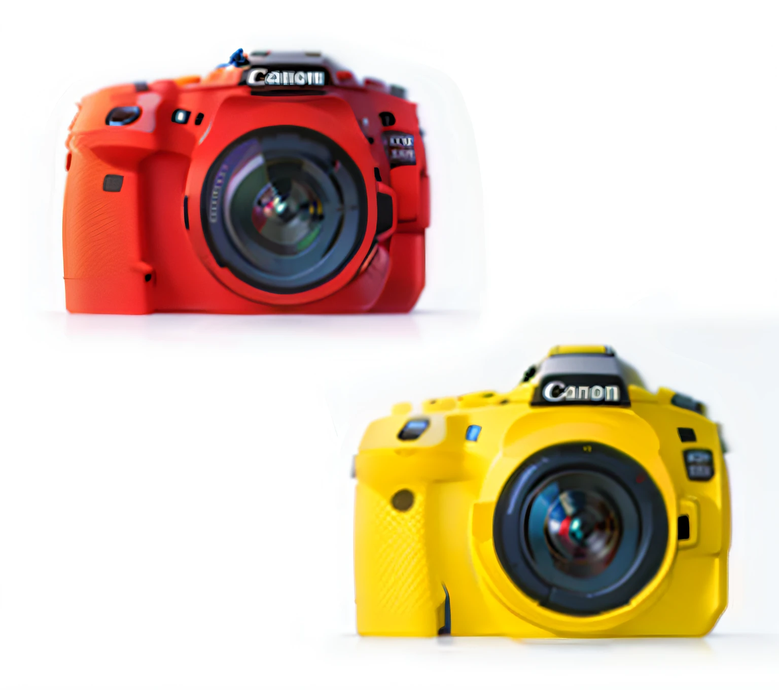 Close-up of two cameras of different colors, DSLR camera color, silicone cover, High quality DSLR camera photos", Photography Canon, Canon Nikon, Background Canon, Canon DSLR, DLSR camera, a color, Canon EOS R7 2006, Digital SLR +, Canon EOS 90D, amarelo e vermelho, Canon EOS 7 D, product introduction photos --auto