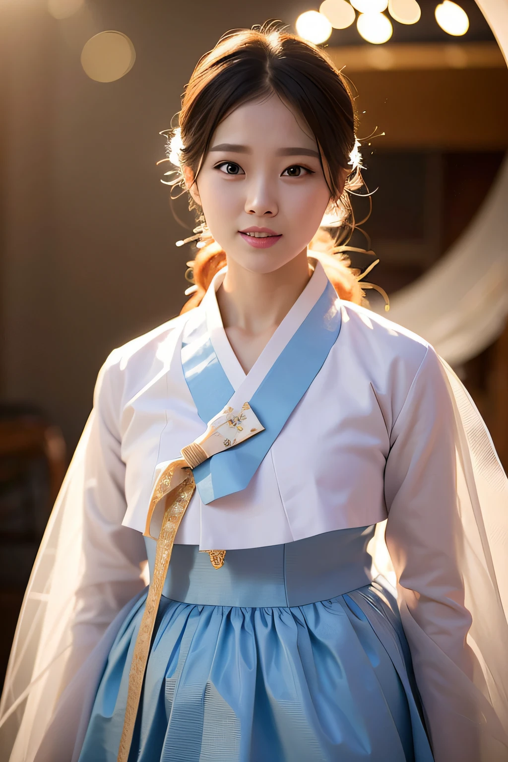 A woman in a blue and white dress is posing for a photo, korean hanbok, hanbok, white Hanfu, hanbok apron, palace ， a girl in hanfu, Hanfu, traditional dress, beautiful south korean woman, Inspired by Jeong Seon, Korean Woman, traditional dress, Songs inspired by Shin Yun-bok, Songs inspired by Yoon Doo Seo