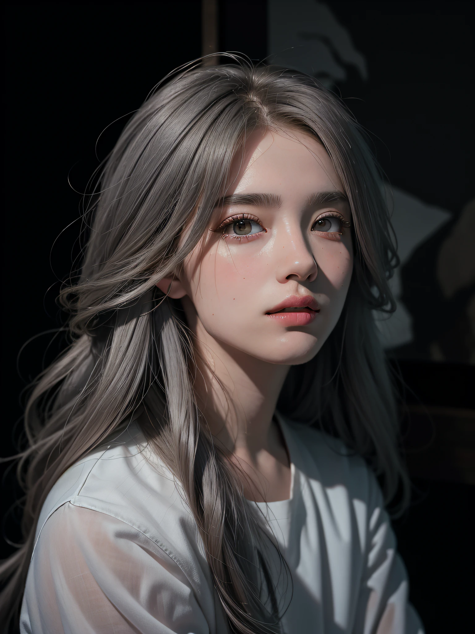 (Front Focus), (In the Dark: 1.6), Surrealistic Female Portraits by David Hockney and Alphonse Mucha, Fantasy Art, Photo Realism, Dynamic Lighting, ArtStation, Poster, Volumetric Lighting, Very Detailed Faces, 4 K, Pantyhose, Shorts, 1girl, In the Dark, Deep Shadow, Low Key, Cowboy Shot, (Official Uniform: 1.4), Long Hair, Gray Hair,