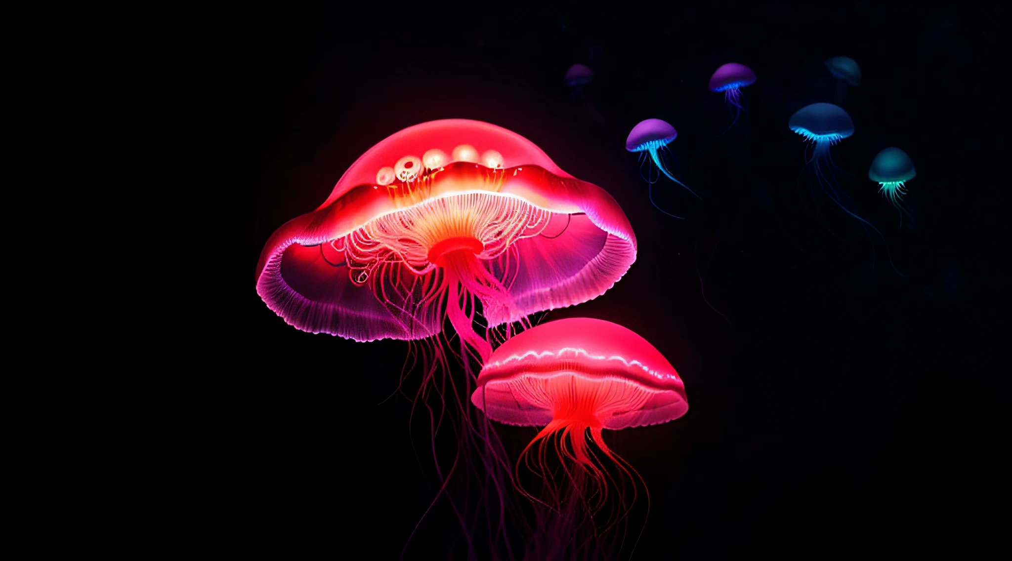 Jellyfish float in the dark,There are bright lights above, glowing jellyfish, translucent glowing jellyfish, jelly fish, neon jellyfish, glowing red mushrooms, jelly fish dancing, Two gorgeous jellyfish, jelly glow, jelly fish, jelly fish, Pink jellyfish are everywhere, jellyfish, phoenix jellyfish, bioluminescent jellyfish, sea like jelly, jello, cyberpunk jellyfish