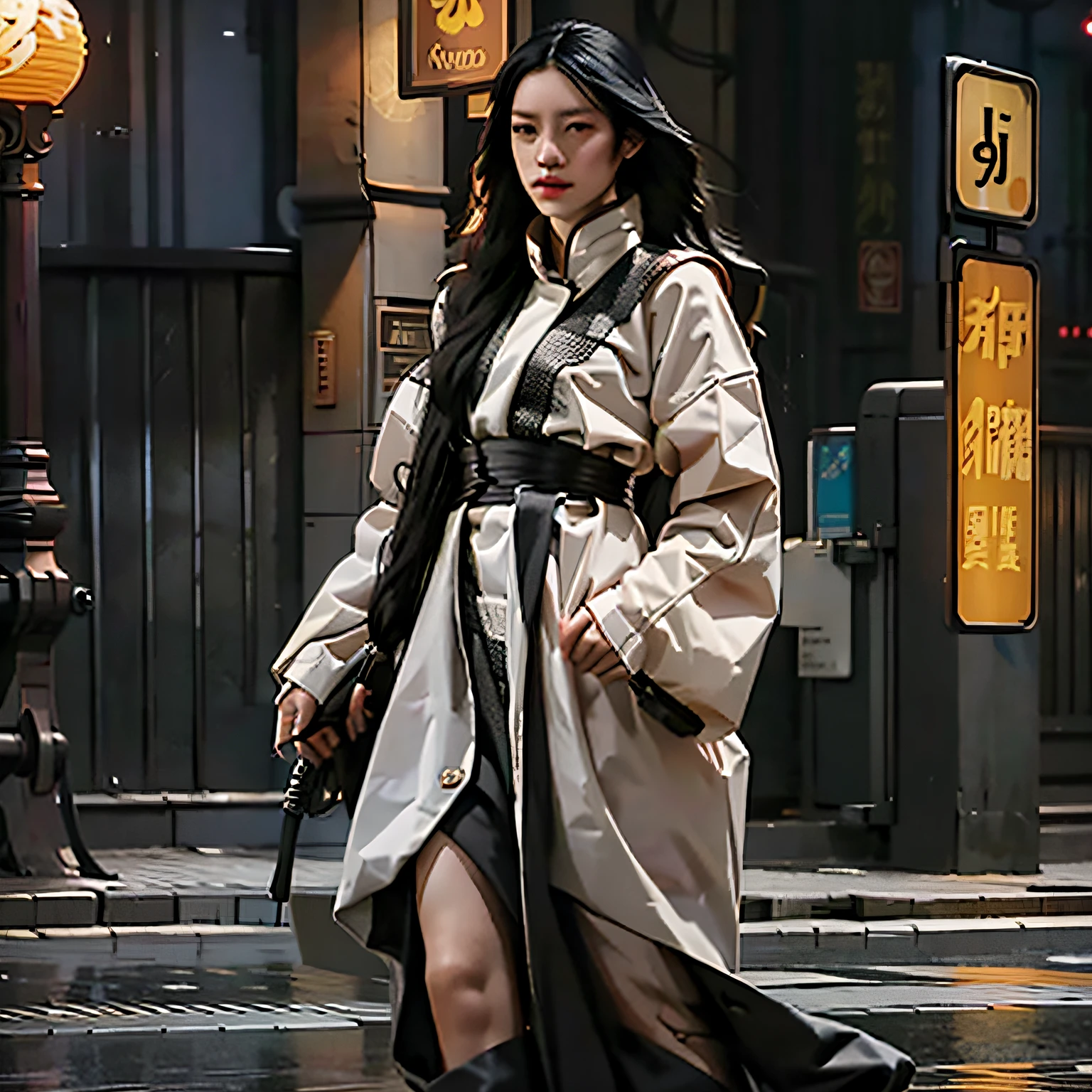 Long black hair scattered behind his back,A figure of an imperial sister wearing a raincoat,Standing quietly on the streets at night,Soaked clothes,Give her beauty a special taste。 --auto