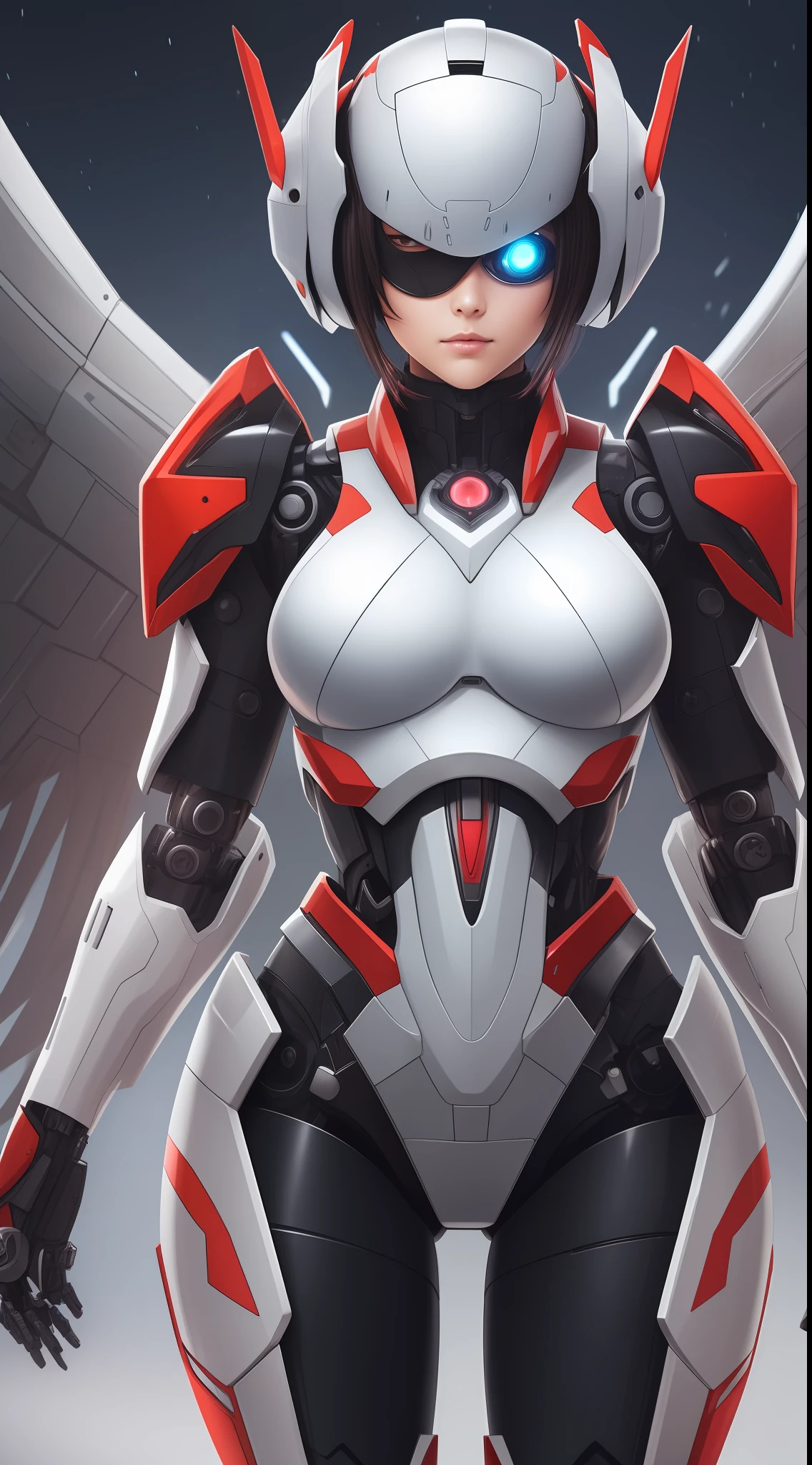 Mecha girl,Mechanical wings, Silver casing, Red lining, eyepatch, Robotic arm, shorter hair, White turtleneck, Cold eyes,Upper Bust,Flowing hair,Master work,Best image quality,More details,ultra hi-res,Ambient lighting,(8K,best qualiy,master-piece:1.2),(full body in shot:1.1)