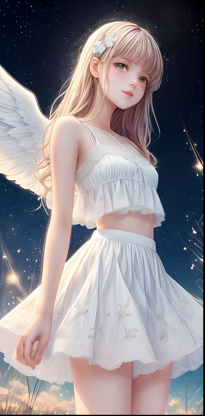 florals，teens girl，tender，white summer clothes，short  skirt，angelicales，Black starry sky，As estrelas，Bright ，delicate comic style，Overlooking，The shooting angle is from the foot upwards，Tall，White thighs，Lace-free