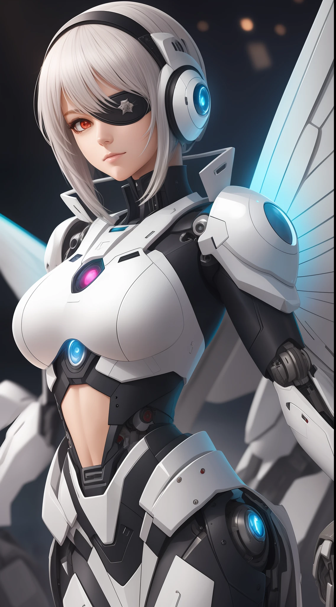 Mecha girl,Mechanical wings, Silver casing, Red lining, eyepatch, Robotic arm, shorter hair, White turtleneck, Cold eyes,Upper Bust,Flowing hair,Master work,Best image quality,More details,ultra hi-res,Ambient lighting,(8K,best qualiy,master-piece:1.2),(full body in shot:1.1)