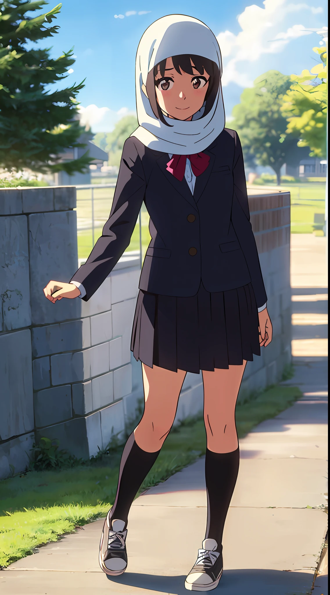shinkai makoto, kimi no na wa., 1girl, bangs, blue sky, blush, brown eyes, cloud, collared shirt, hijab, white hijab, looking at the viewer, Outdoors, red ribbon, school, school uniform, muslim, muslim uniform, muslimah white shirt, long sleeves, smile, solo, long skirt, black skirt, mid-socks, white socks, black sneakers, full body, cowboy shot