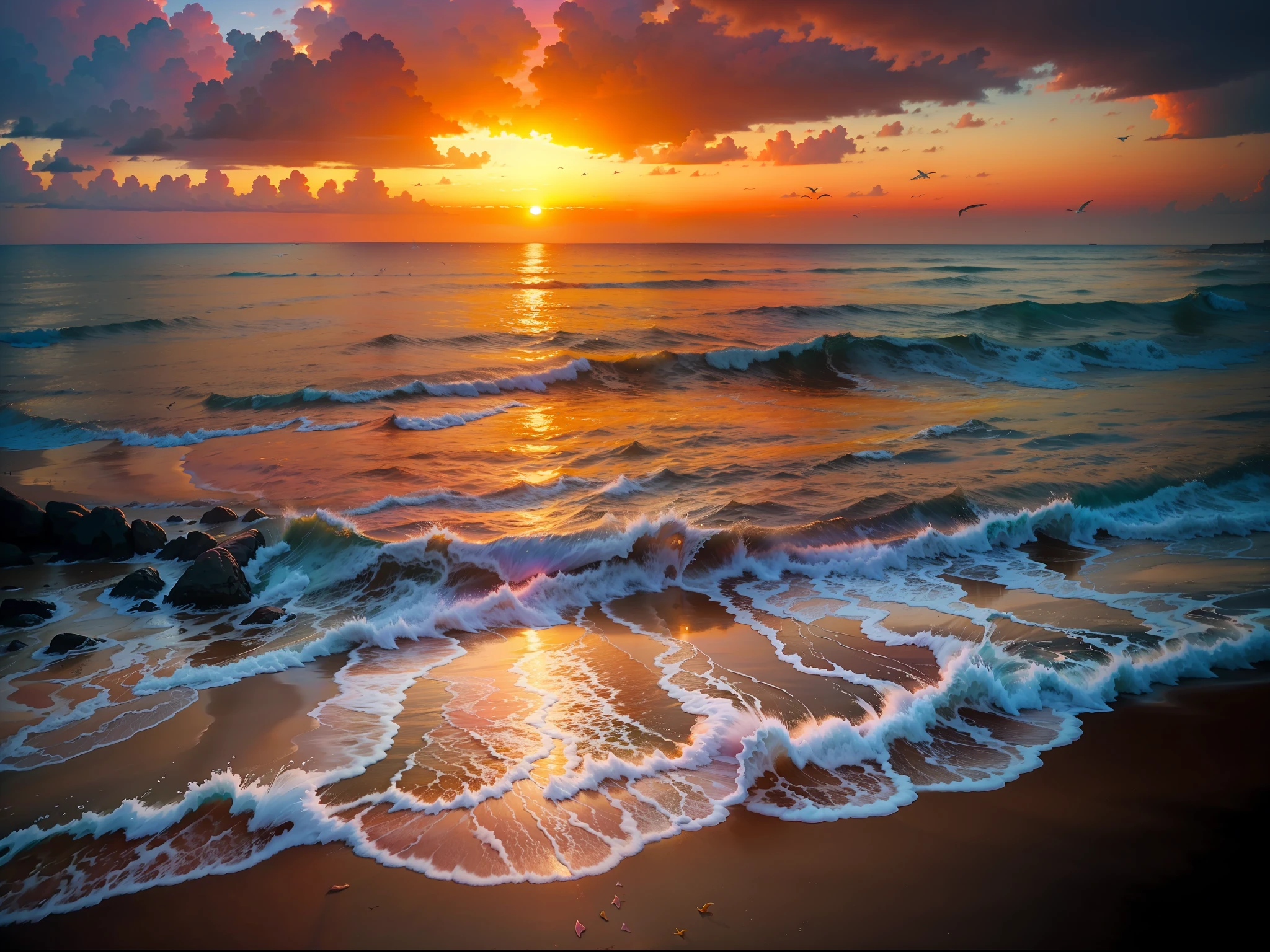 An absolutely mesmerizing sunset on the beach, with a mix of orange, pink, and yellow in the sky. The water is crystal clear, gently kisses the coast, and the white sand is endless. The scene is dynamic and breathtaking, with seagulls soaring high in the sky and palm trees swaying softly. Immerse yourself in the calm atmosphere and let the serenity surround you.