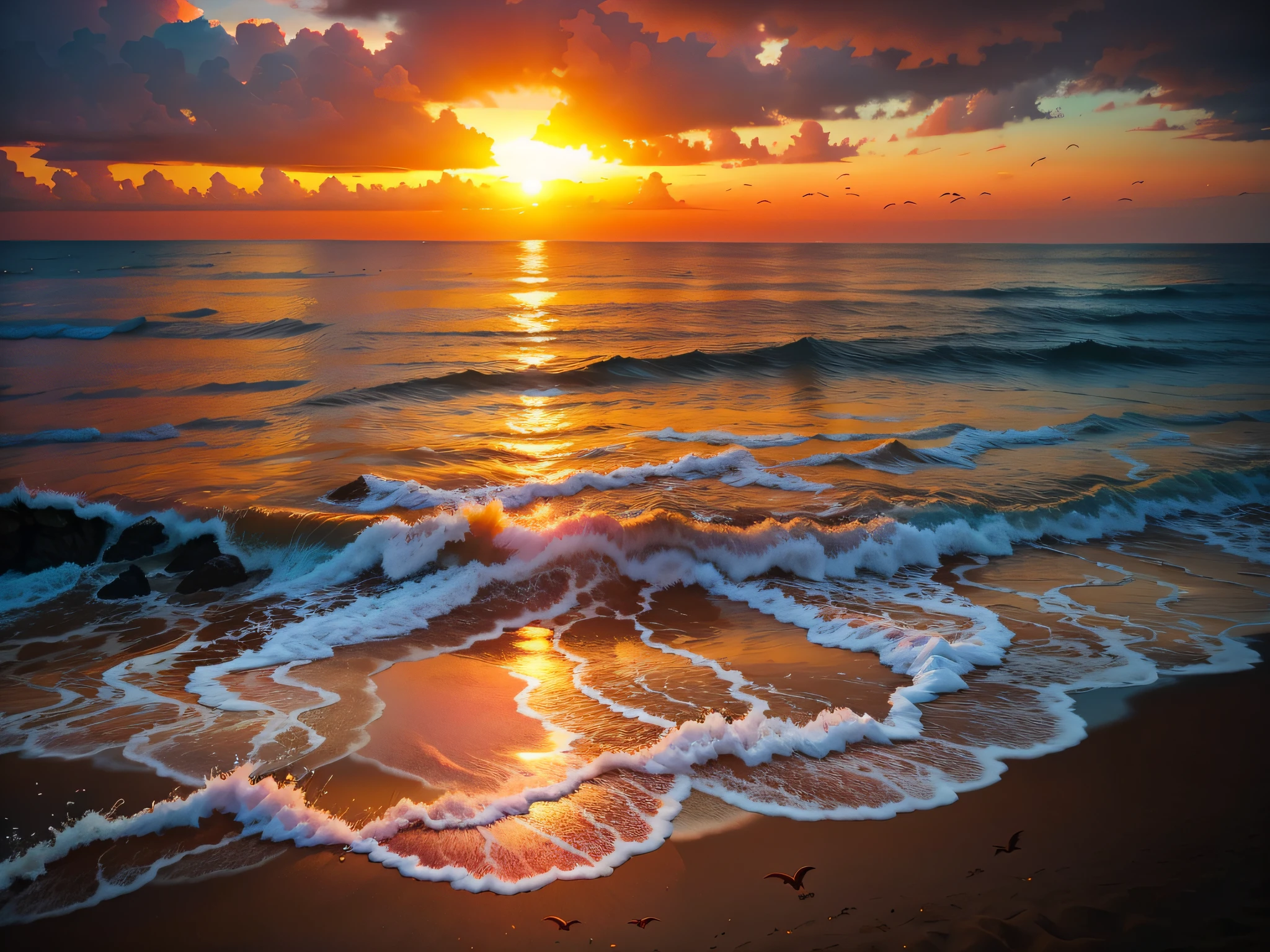 An absolutely mesmerizing sunset on the beach, with a mix of orange, pink, and yellow in the sky. The water is crystal clear, gently kisses the coast, and the white sand is endless. The scene is dynamic and breathtaking, with seagulls soaring high in the sky and palm trees swaying softly. Immerse yourself in the calm atmosphere and let the serenity surround you.