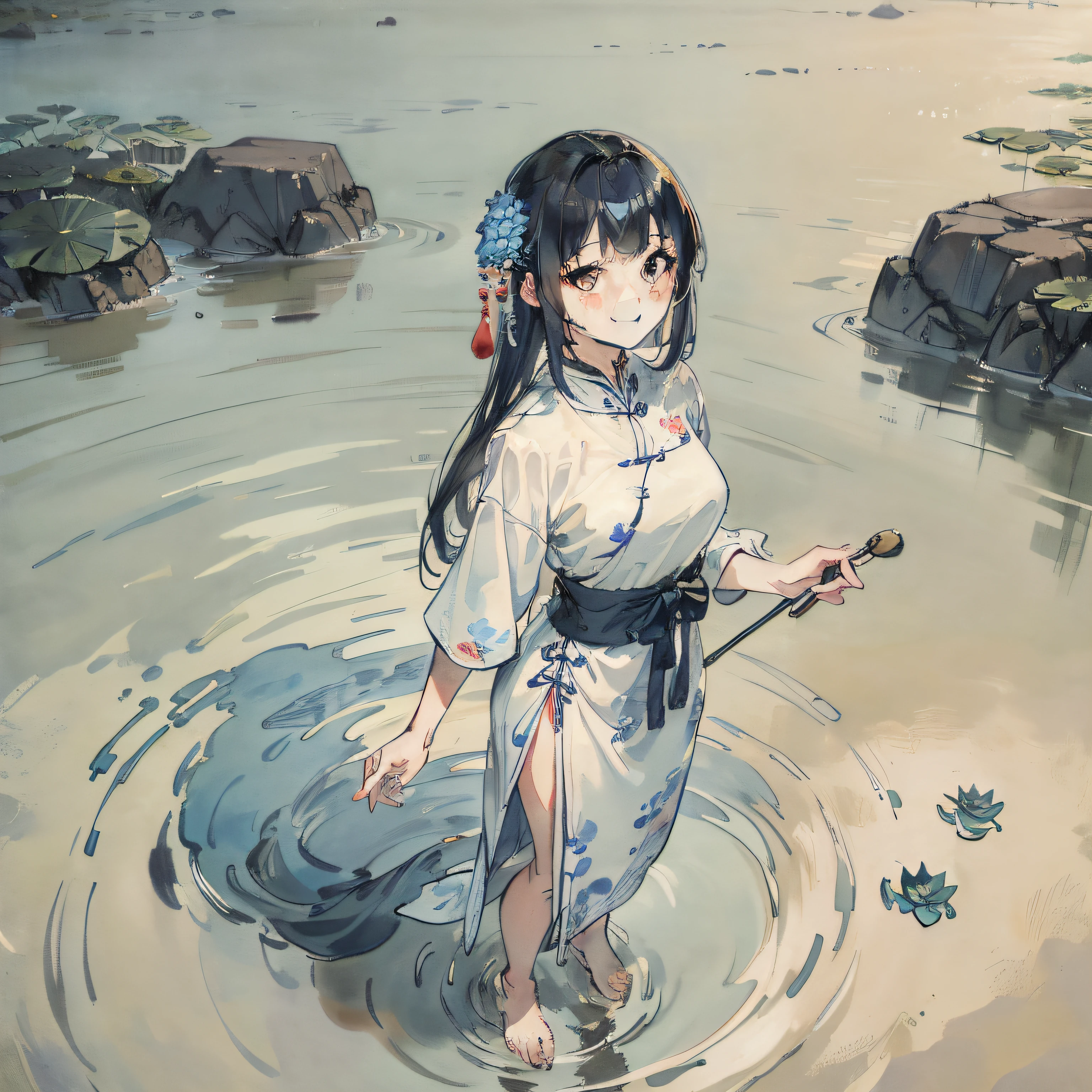 ((4k,masterpiece,best quality)), shuimobysim, traditional chinese ink painting, lotus, hanfu, maxiskit, dress conservatively 1girl, solo, long blue hair, smile, standing, feet in the water, barefoot,