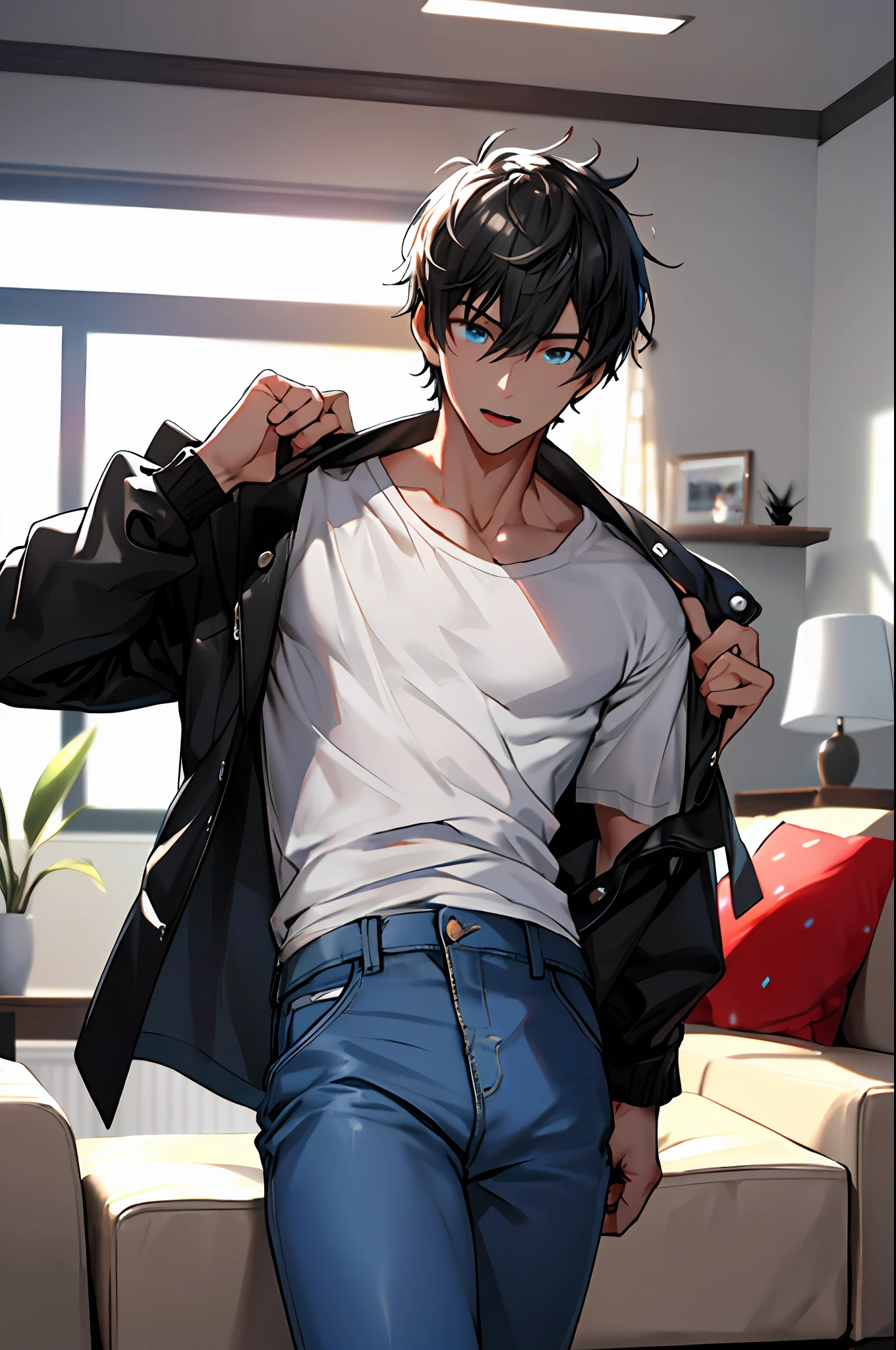 (absurd, master's masterpiece, ultra high definition, 8k resolution, 4k high-definition,) A man with messy black hair, white T-shirt, black jacket, blue jeans, in the living room