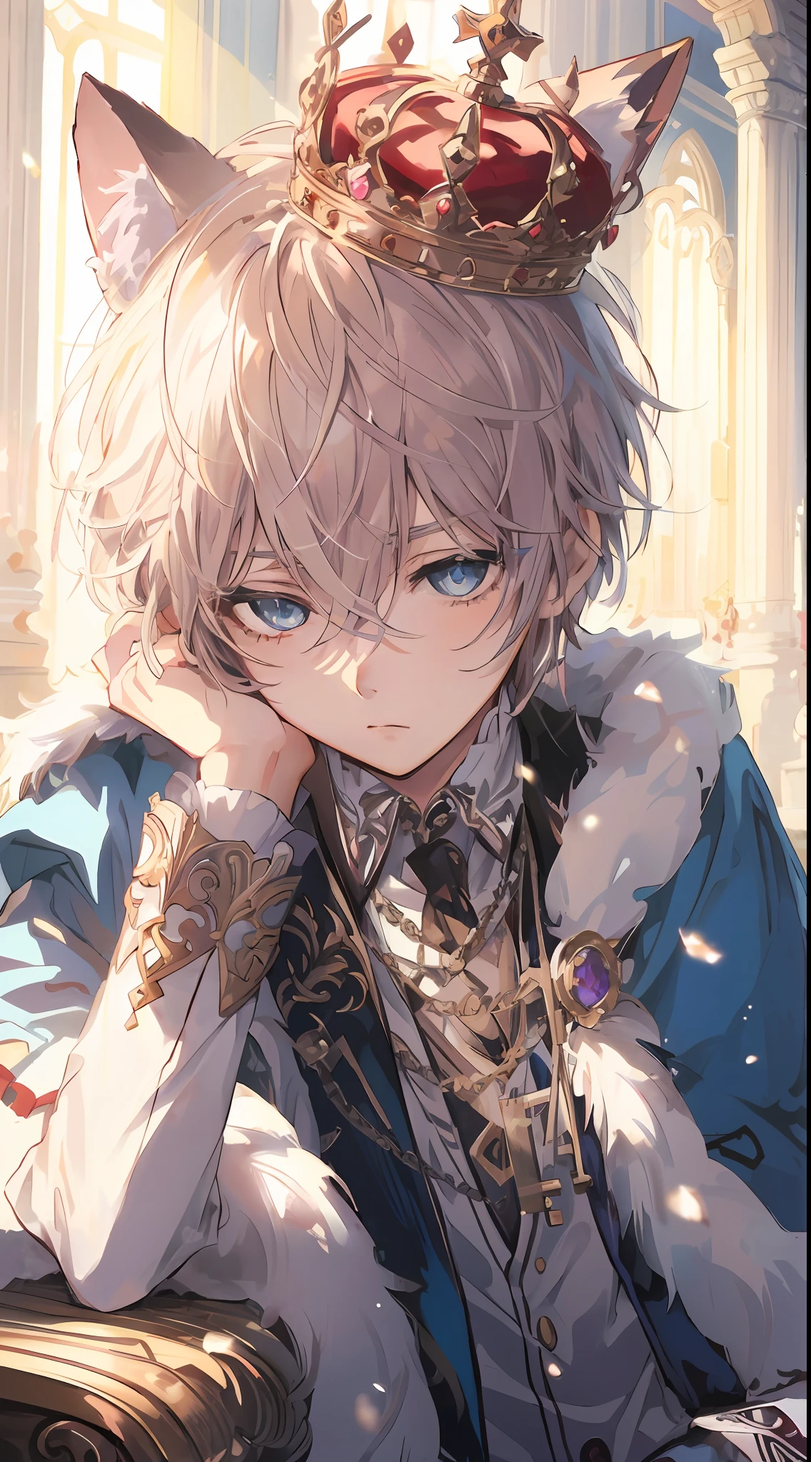 Anime character with crown on head sitting on bench, Beautiful prince, cat ear、diadems、portrait of magical blond prince, delicate androgynous prince, tall anime man with blue eyes, Detailed key anime art, Detailed Digital Anime Art, royal elegant pose, Key Anime Art, Trending on ArtStation pixiv, detailed anime character art, sad cerulean eyes