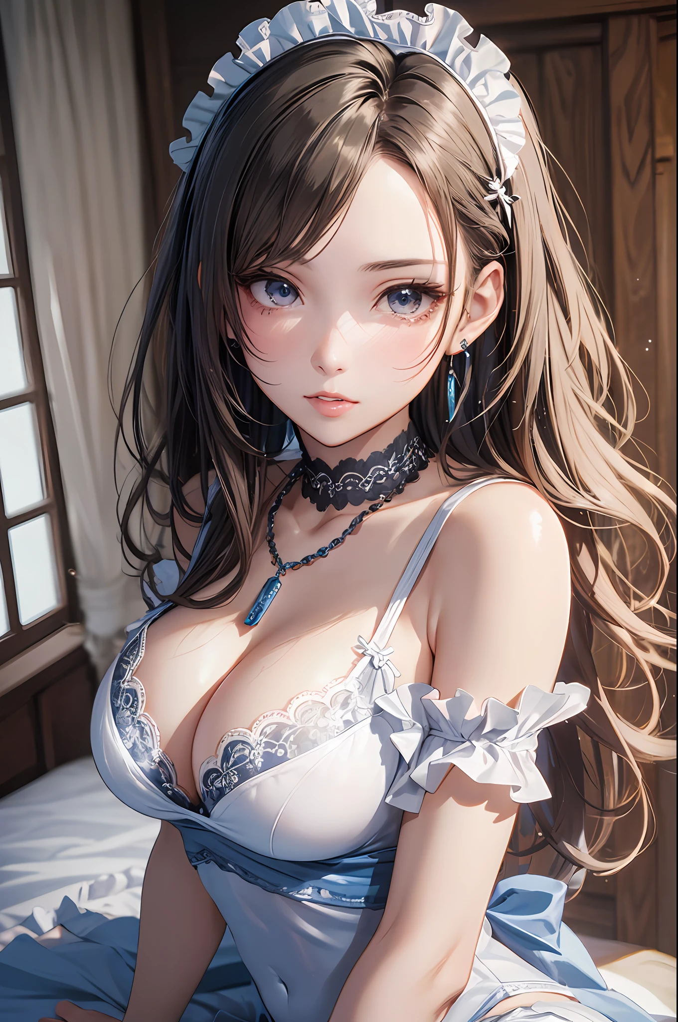 (masutepiece: 1.3), (max resolution: 1.2), (Ultra HDTV: 1.2), cinematric light, Detailed eyes and skin, detailed facial features, , 8K resolution, (Sharp Focus: 1.2, Perfect Style, Beautiful face, acurate, Anatomically correct, Highly detailed face and skin texture, Detailed eyes, Double eyelids, Thin eyebrows, Glitter Eyeliner: 1.2, Natural cheeks, Glossy skin, Fair skin: 1.2, shiny little necklace and earrings, (Glossy lips: 1.4), (maid clothes:1.2)、 (Shy look: 1.2), 25 years old, Neat and clean woman 、a blond,Wavy Hair、 Semi-long hair, (Focus on Face:1.2), ((large full breasts)), (upturned breasts), (at bedroom: 1.2)), (She is sitting on the bed:1.2.)), Highly detailed facial and skin texture, Detailed eyes, Double eyelids, Natural cheeks, Green-gray eyes,Rosary Necklace、 shiny small earrings, shiny lips: 1.4,Exposed cleavage、(A large amount of sperm in the chest:1.4)(Large amount of sperm in the thighs:1.2)、red blush、Tears are embarrassing、White underwear、White bra、Open knees、open one's legs、Masturbation behavior、Disheveled clothes、Dressing、Exposed panties、Wearing sweat、Maids、blue eyes、Full-body angle of view、from the front side、red blush、Sensational look、sexual excitement、Sexual temptation、Emphasizes cleavage、Provocative、