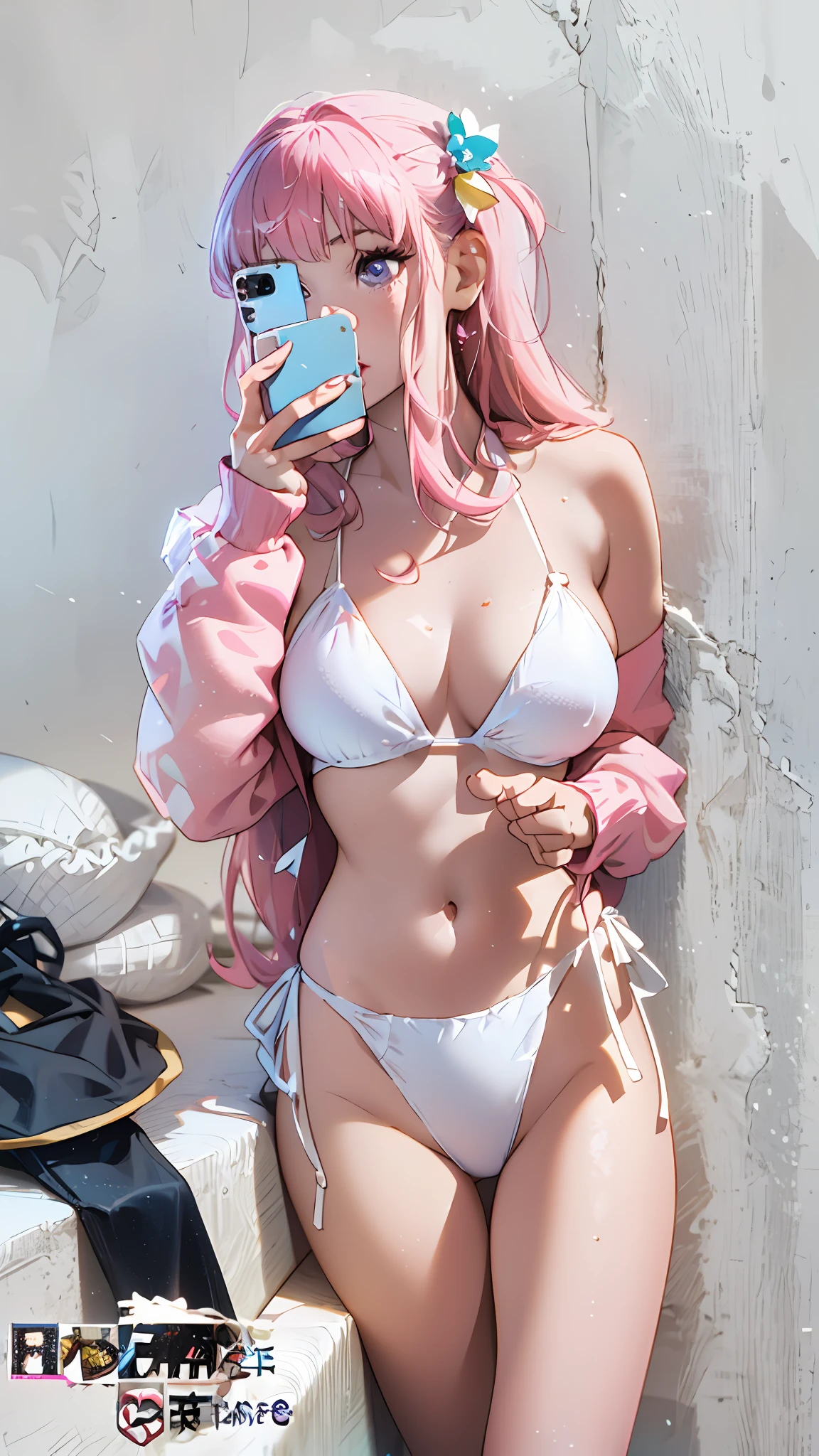 araffe in a white bikini and pink hair taking a selfie, pale pink bikini, light pink bikini, sling bikini, cute bikini, white bikini, seductive anime girl, white and pink, in bikini, realistic bikini, is wearing a swimsuit, sexy girl, smooth white tight clothes suit, wearing a white bikini, some pink, swimsuit, pink body, sexy body, hitori gotou