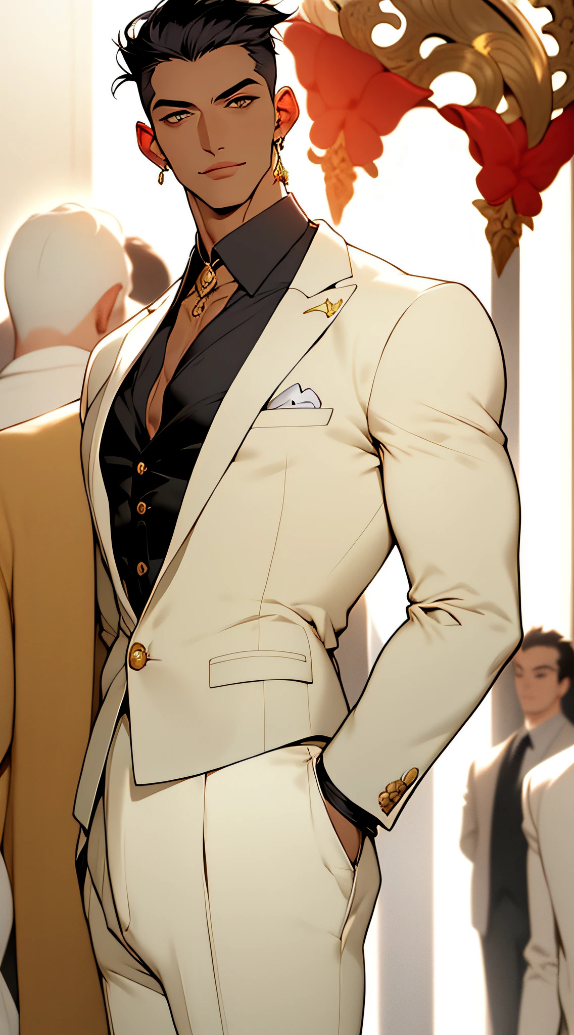 ((tmasterpiece, Need,Business negotiation aesthetics)),1 male solo, Close-up Shot Shot, (Determined eyes),(black suit jacket,White shirt,tiese,trousers),(cabelos preto e longos),(formal outfit),Mature men,(Clear facial features,detailed skin textures,Handsome face),white backgrounid, 耳Nipple Ring,Yellow skin, standing on your feet,(tmasterpiece,top Quority,best qualtiy),(((flatcolors))),Capricorn accessories,Abs,chest muscle,