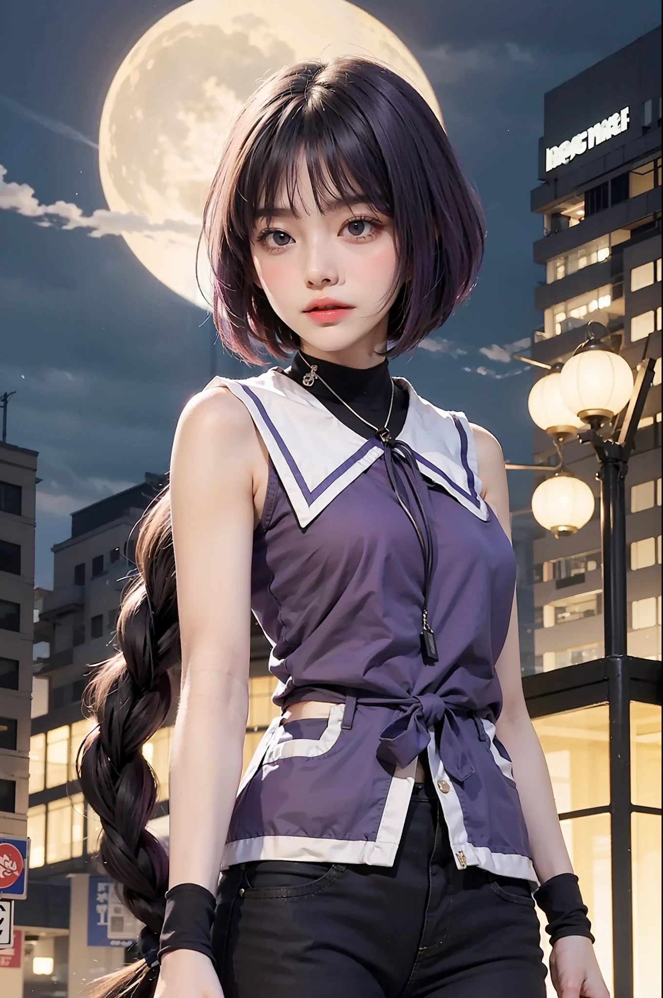 Best quality, full body portrait, delicate face, 18 year old girl, slim figure, small bust, white crop top T-shirt, waist pink denim skirt, gymnasium scene, standing tall,Tie hair,Purple hair,