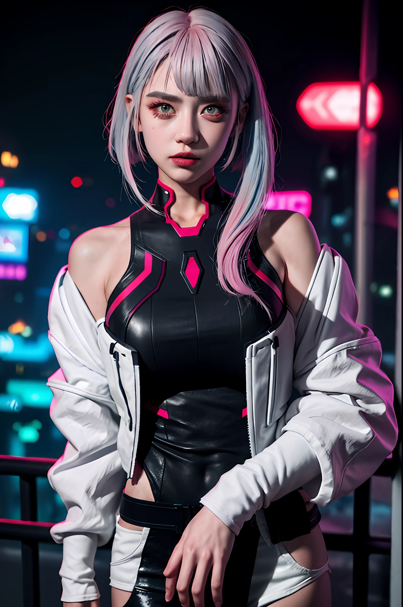 (Top Quality, 8k, Masterpiece, CG)lucy \(cyberpunk\), 1girl, hair scrunchie, hime cut, silver hair, colored tips, full moon, grey eyes, jacket, long sleeves, looking at viewer, super detailed face, medium hair, multicolored hair, bangs parted, lips apart, Pink hair, portrait, red eyeliner, red lips, solo, white jacket, cyberpunk (series), rainy night in neon-shimmering cyberpunk city