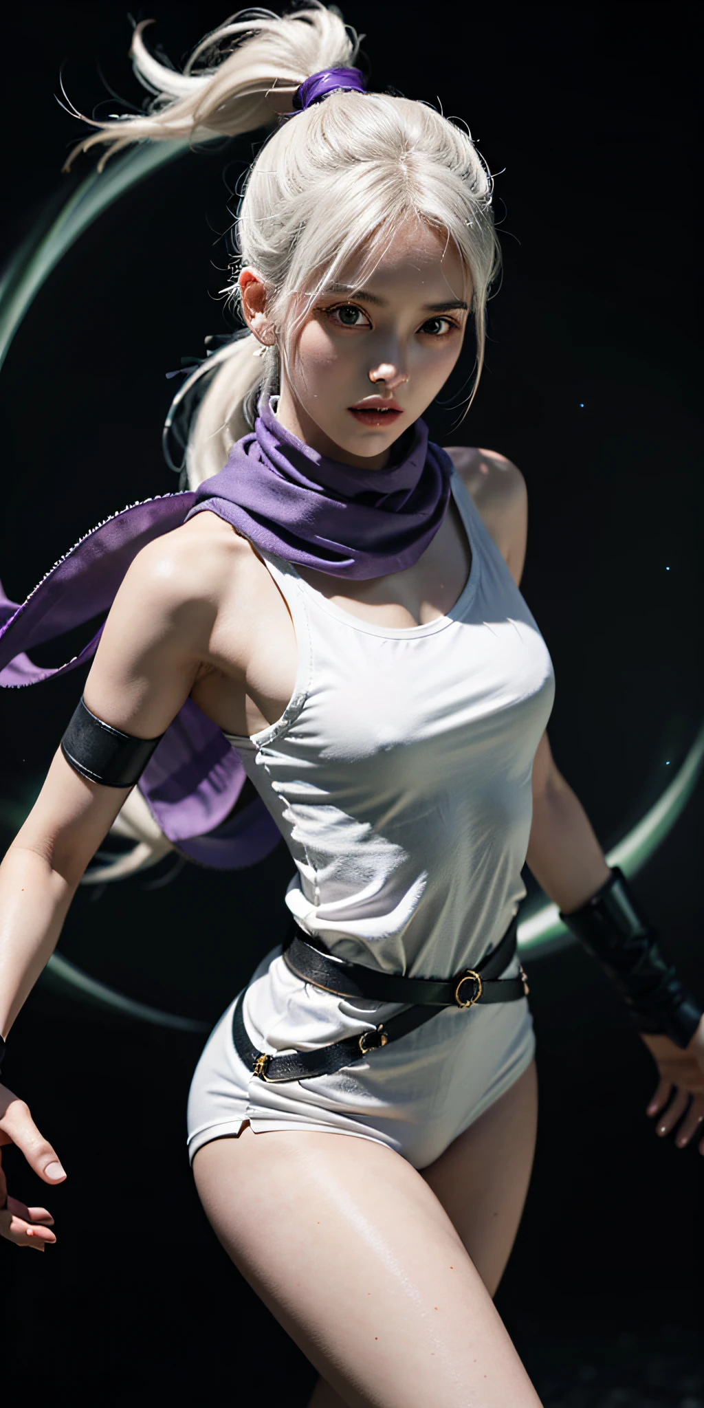 Full body, 1girl, white hair, ponytail, purple eyes, (ninja), short sword, mid-chest, scarf, wallpaper, magic array background, light particles, green fire,