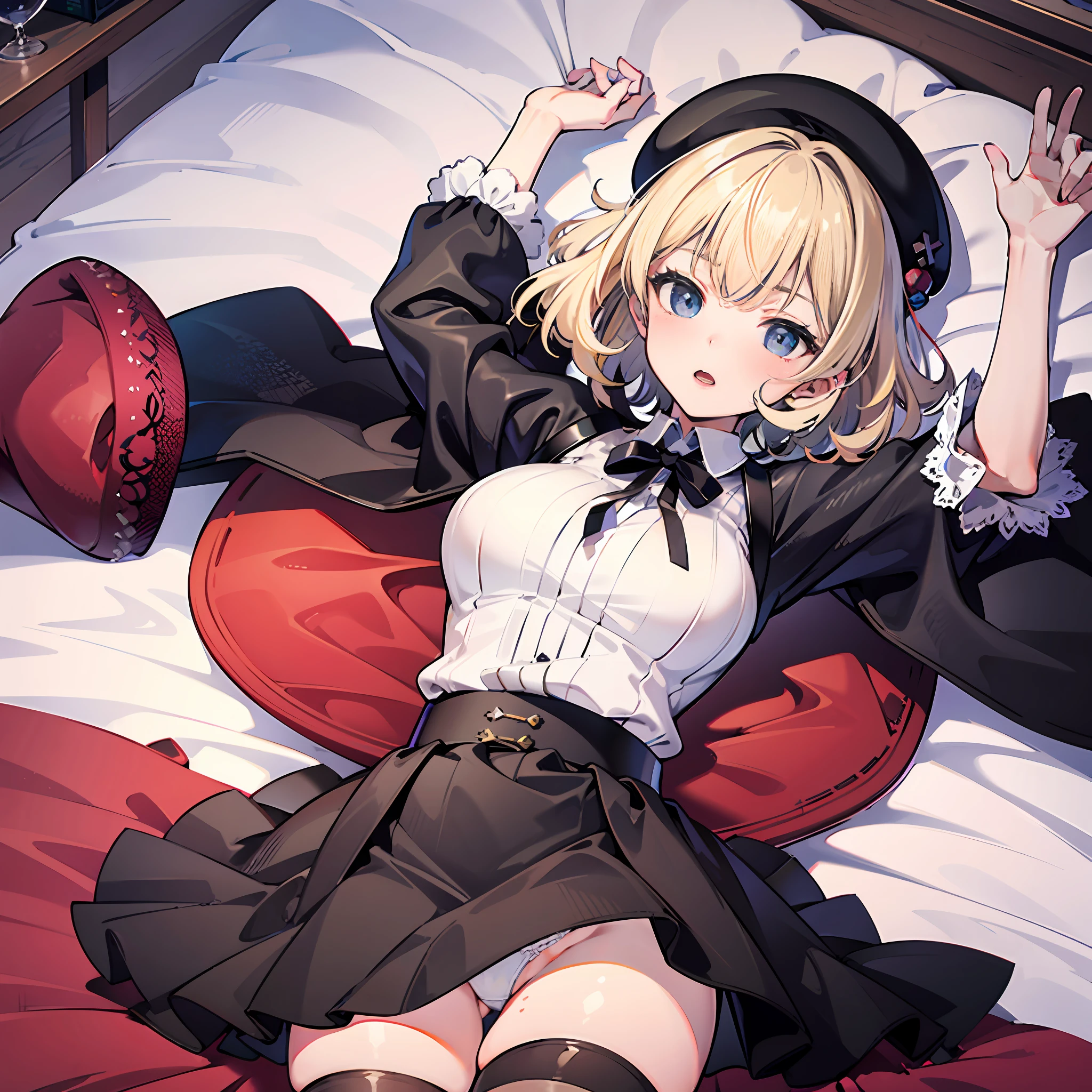 1girl, large breasts, thighhighs,solo, thigh boots, white shirt, black skirt, black footwear, (((masterpiece,high resolution,best quality))), solo,wine bottle, lying, blonde hair, on back, looking at viewer, open mouth, solo, blush, wet clothes, heart, arms up, wet, bed sheet, huge breasts, (beret :1.8), short hair, (iwanagakotoko:0.9), in bed, bedroom, bed, pervert, white panties