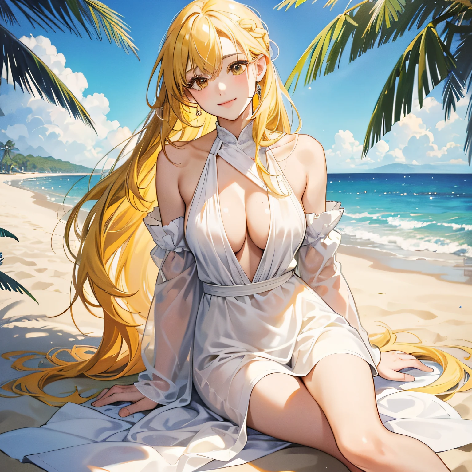 (An absolute feast for the eyes,Masterpiece),It's breathtakingly beautiful,breath-taking)((Best picture quality, 8K, tmasterpiece:1.3)), 1girll, Beautiful woman with slender abs:1.3,shift dresses:1.1, Ultra-fine face, A detailed eye, 二重まぶた,ssmile,(Yellow hair:1.3),(Brown eyes),Delicate and beautiful face。The beach is delicate and soft,Endless white grains of sand。The sea is crystal clear,Gentle and moist,。Palm trees sway gently,The sea breeze blows。Immerse yourself in peace and tranquility,memorable。Kizi, Beautiful woman with slender abs:1.3, (Casual hairstyle, No leakage of big breasts:1.2), shift dresses:1.1, Ultra-fine face, A detailed eye, 二重まぶた,ssmile