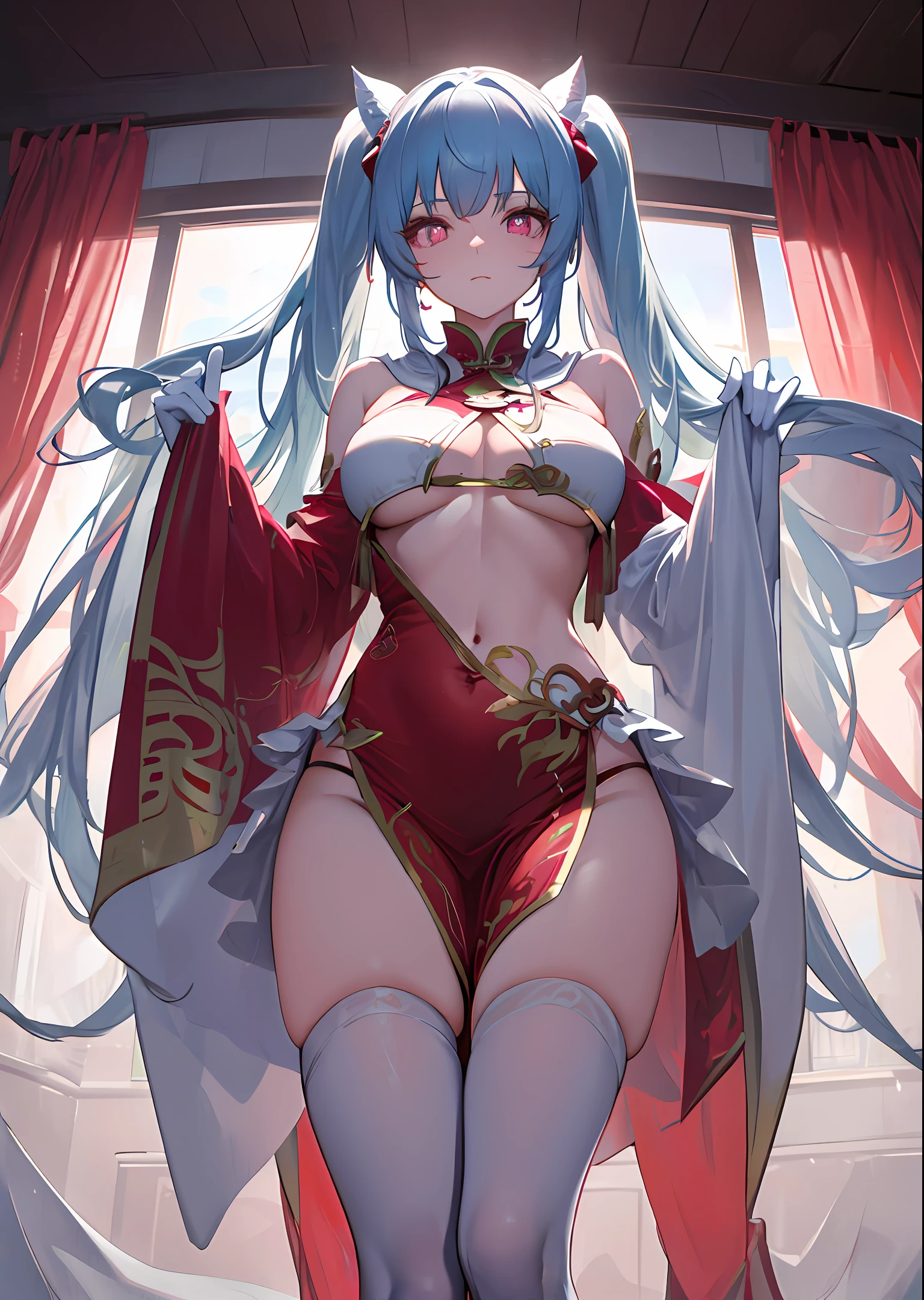 (highly detailed,the Extremely Detailed CG Unity 8K Wallpapers,illustratio,A high resolution,absurderes,Heart-shaped pupils,finely detailed breasts)Cute girl,独奏,POV crotch,By bangs,Poor milk,pigtails,Pink eyes,blue hairs,Double hair sideburns,gloves on the elbow,Bare with thighs,Bare shoulders,bare abdomen,abdominals tattoo,no brassiere,breasts out,White gloves,white stockings,hair adornments,shawl,Side seams,shift dresses,无袖,Short pelvic curtain,Red skirt,embarressed,Be red in the face,is shy,paw pose,inside in room,Bedrooms