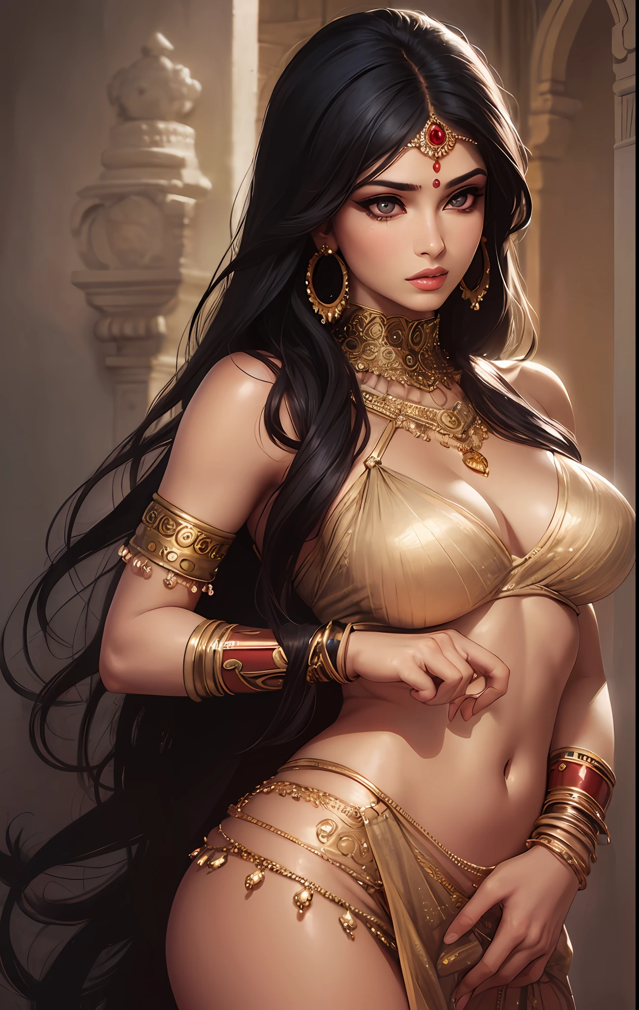((realistic:1.5)),((best quality)), ((masterpiece)),((detailed)), (1girl), Mouni Roy {a beautiful female, (upper body:1.3), praying in front of a Shiva temple, back view. super-wide-angle lens,face focus, mature,sexy,long legs,curvy, barefoot, large breasts, skimpy loin cloth below, rear visible, wide hips, thin legs, black eyes,long black hair,floating hair,long eyelashes, (detailed face,beautiful eye, detailed pupils, clear background:1.3), (Bindi,Jhumkas:1.3), (Armlet, Haar, Payal,Maang Tikka,Jhumkas,Kamarband,Bangles:1.3), ancient temple, large bells, best shadow,bright details,sharp,perfect composistion, Intricate, Sharp focus, dramatic, by Frank Frazetta,by Julie Bell,by Olivia De Berardinis,by Luis Royo,by boris vallejo