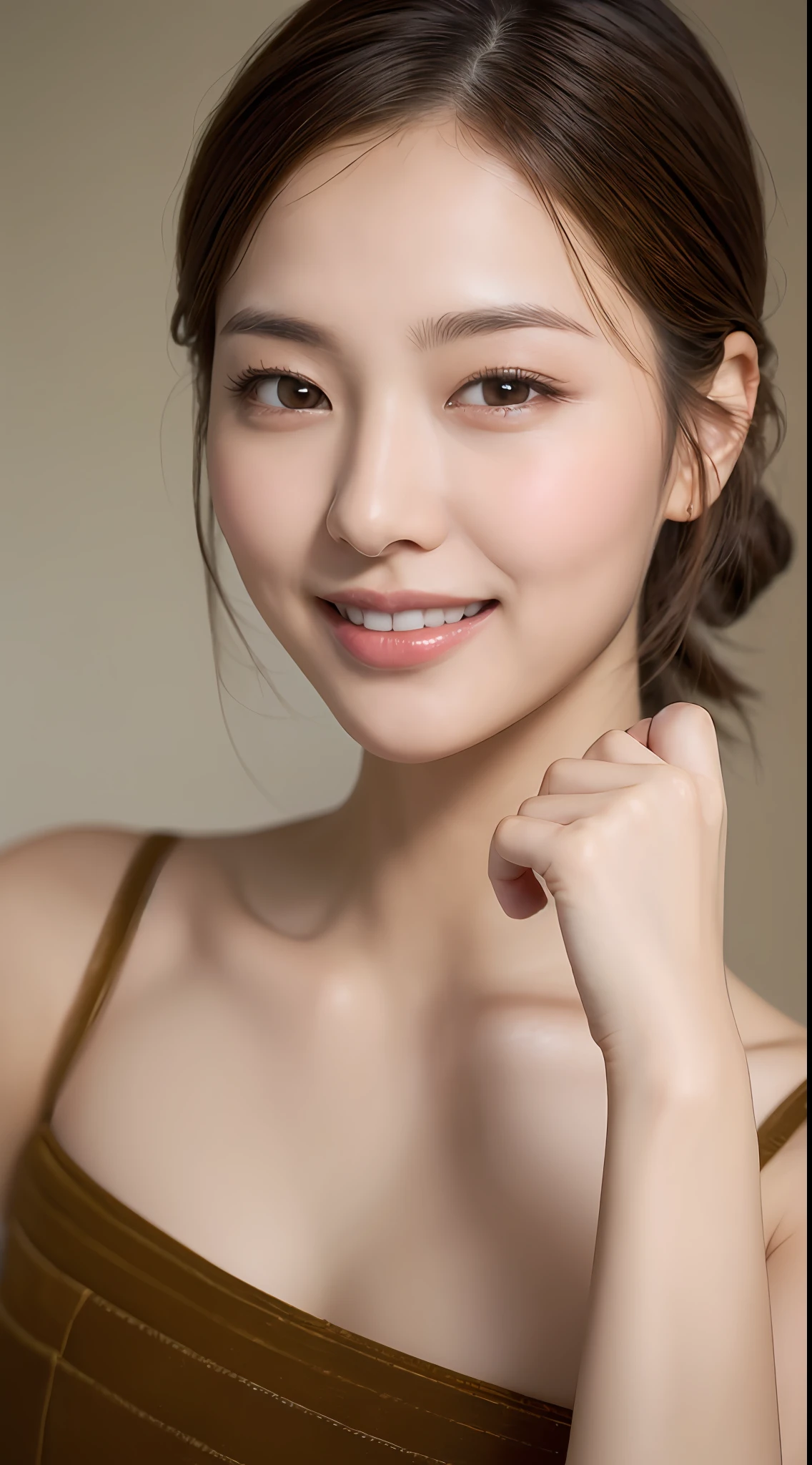 ((Best Quality, 8K, Masterpiece: 1.3)), 1 Girl, Slim Abs Beauty: 1.3, (Hairstyle Brown Hair Shortcut, Big: 1.2), Dress: 1.1, Super Slender Face, Delicate Eyes, Double Eyelids, Smile, Home, Raw Photo