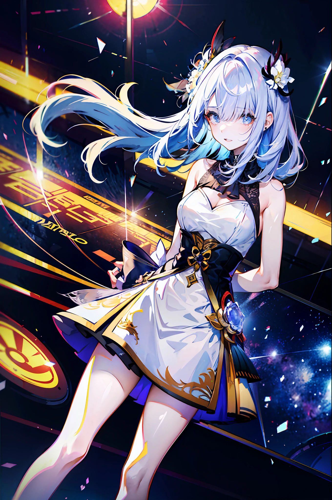 (best quality, detailed background, highres, absurdres, bloom, disheveled hair, shiny hair, exposed in lighting, bright pupils),
1girl, focus on leg, earpiece, long hair, silver hair, large_breasts, action_pose, standing, arms behind back, stage, spotlight, glass ceiling,
shenhe \(genshin impact\), hair_ornament, hair over one eye, designer dress, dutch_angle, upper body,
