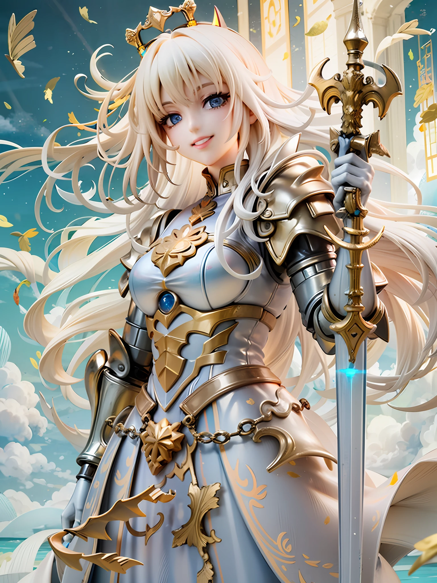 1girl, beautiful eye, smile, pearl white, gold, knight, determined and hopeful smile, pearl white and gold decorated armor, armor glowing with holy symbols, wheat blonde, long straight hair, back-length, deep ocean blue eyes, raising sword high and looking up to the sky, ancient temple floating in the sky,