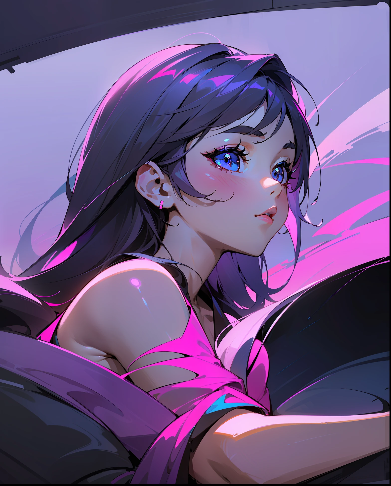 ((Full Neon)+Beautiful+Cute+(Full Body+Portrait)+(Detailed+Perfect)+(iPhone)), best quality, ultra-detailed, ultra-high resolution, cute sitting pose on the car viewing outside (cute), (1girl), (neon+pink+purple+blue:1.2), white background, beautiful face, Volumetric light, ( pose) (full body)