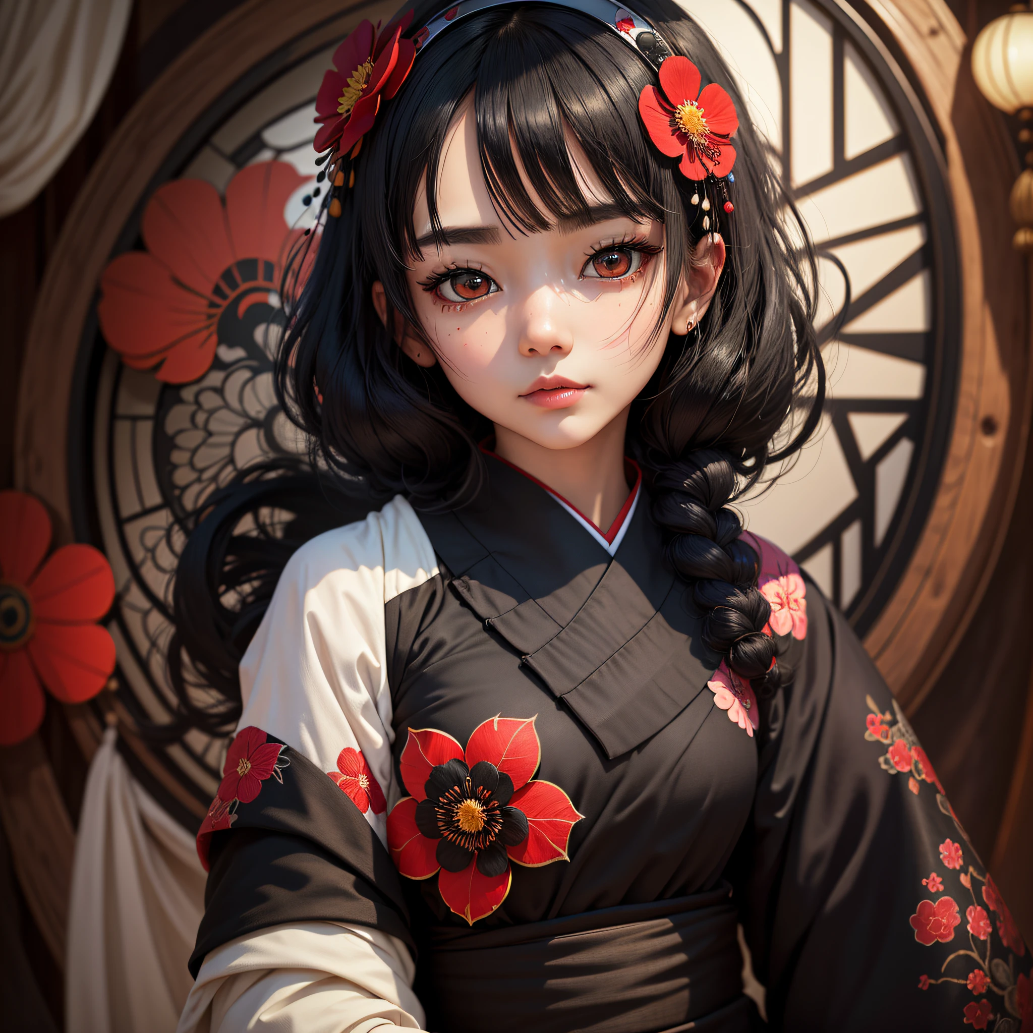 Masterpiece,Best quality,absurderes,Original,Extremely delicate and beautiful,Beautiful detailed eyes and face,1girll, black_Hair, flower, Japanese_clothes, Looking_at_peeping at the viewer, dark mole, Red_flower, Solo,(Masterpiece:1.4),(Best quality:1.4),chch-style --auto