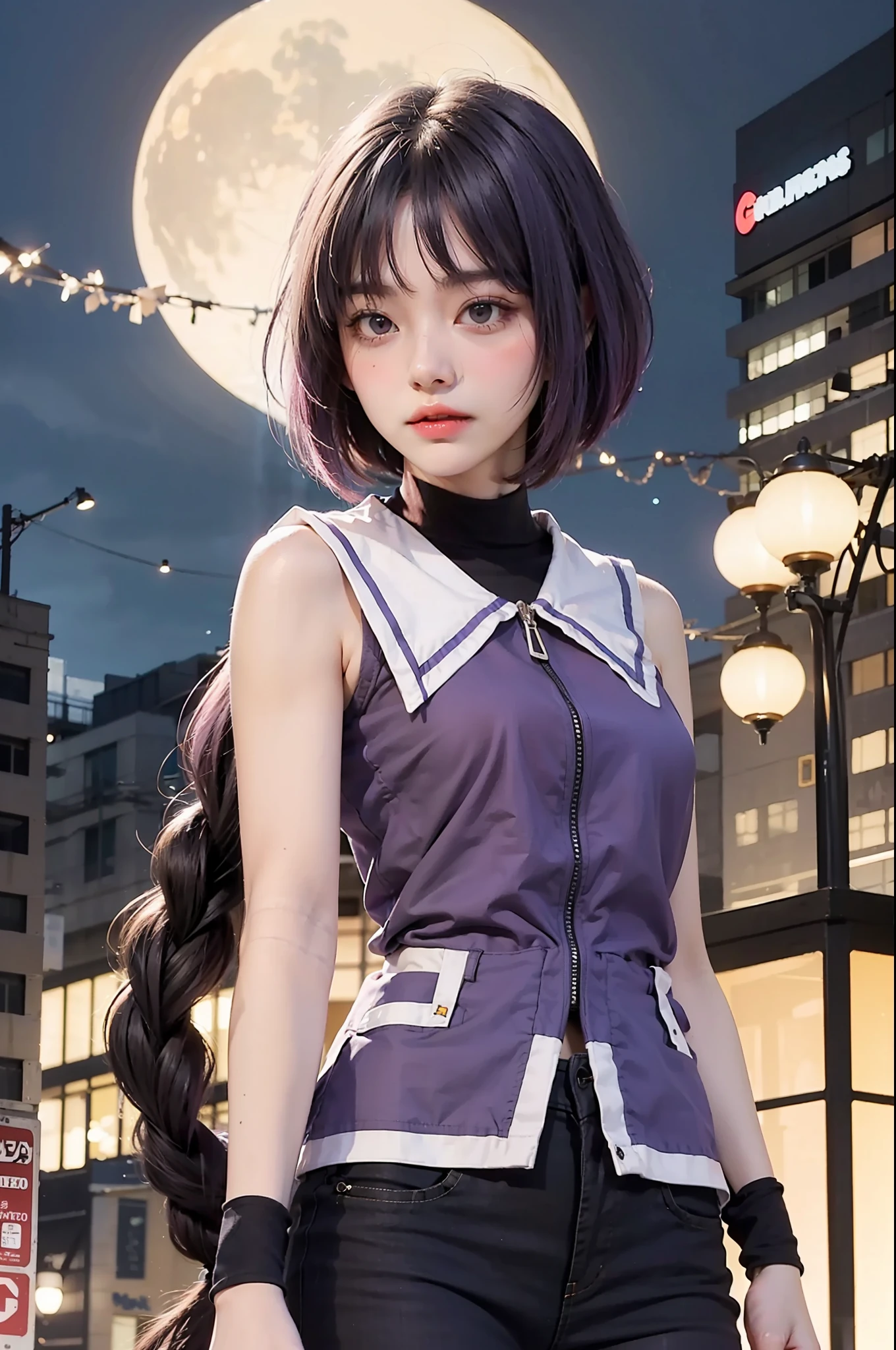 Best quality, full body portrait, delicate face, 18 year old girl, slim figure, small bust, white crop top T-shirt, waist pink denim skirt, gymnasium scene, standing tall,Tie hair,Purple hair,