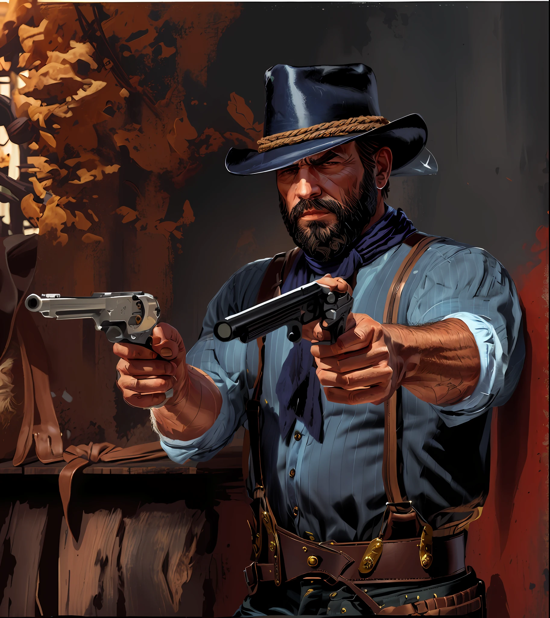 R3DD34Dstyle, digital portrait, 1 man, big beard, two silver revolvers, dark blue shirt,black scarf black, cowboy hat with a rope, black and white cotton suspenders, dark brown pants, brown gun belt, red background