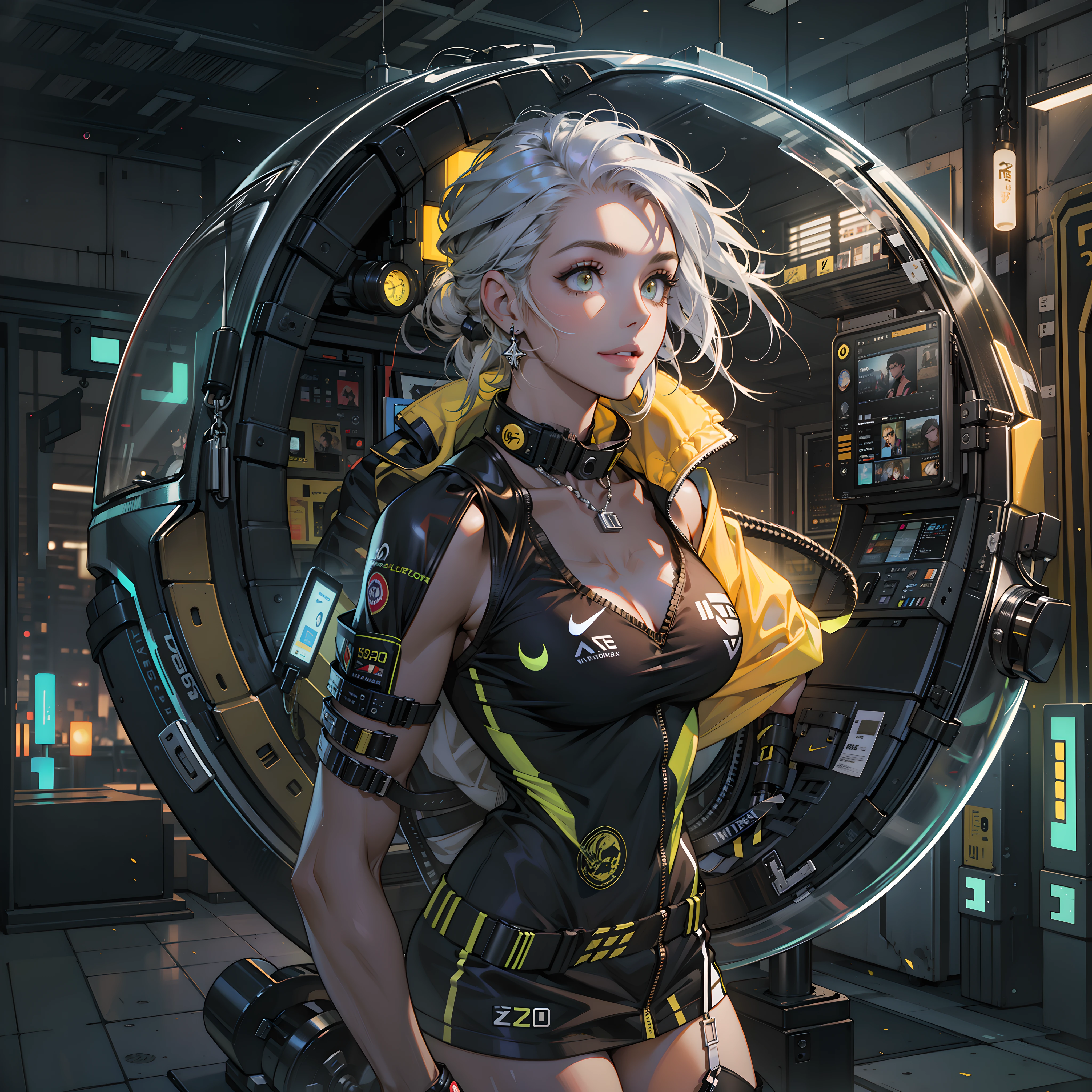 Best quality，tmasterpiece，Ultra-high resolution fills the picture，Indoor at night，the night,Indoor neon lights，Yellow color scheme，Rich egg yellow,Silvery-white hair，Yellow and black tights，Yellow and black color scheme clothing,Sporty skirts，the complex background，Gym interior background,Weight instruments in the background，High-tech screen in the background，Lateral face，Smiling，Dress less，There are fitness elements in the rear，nike，nike,nike,Tech gym，Perfect makeup，Love eyes，8K quality，Cyberpunk，sense of science and technology，Character backlighting，rim-light，Movement changes，Flowing hairstyle，Loose hairstyle,The number of fingers is refined，Full body in camera,9 doppelganger diagram，Luminous stud earrings，Luminous digital necklace，Electronic digital watches，The most beautiful girl in mankind，Delicate close-up of the face，Realistic image quality，Super light and shadow，Very good figure，Meticulous，Arrow symbol，Brand sense，English slogan neon，Runway lights，Fitness gym at night，Very good figure，Raised sexy,luminous,Faraway view,Full body in camera