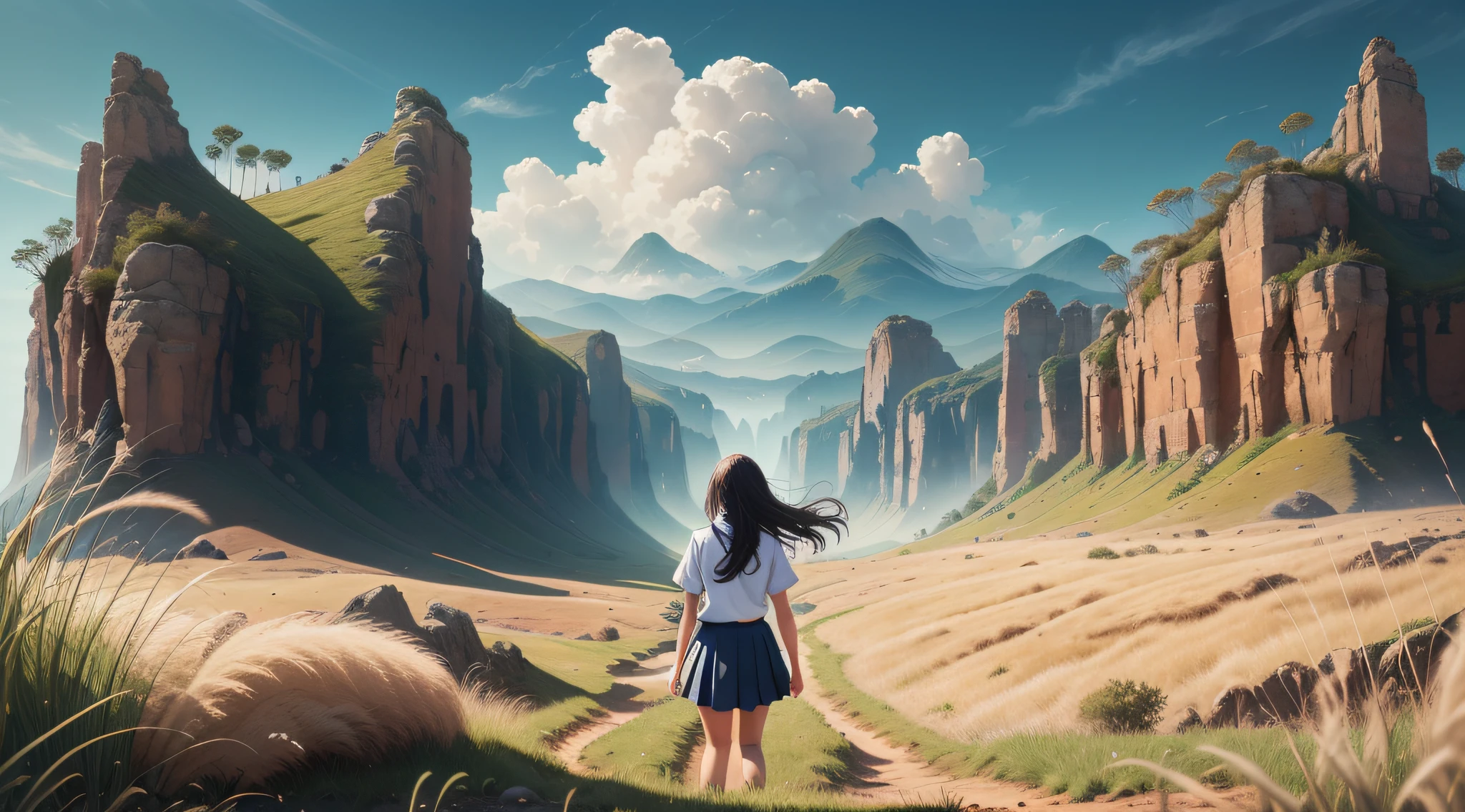 ((masterpiece)), (((best quality))), ((ultra-detailed)), (Amazing:1.1), 12mm f1.2 lens, ((full body back shot sitting)), ((((A high school girl with a full body back shot in the wilderness)))), (eyes look at the sky), ((A beautiful high school girl lost in a surreal world of dreamlike landscapes)), (17 yr old), (((((An over the horizon grassy road))))), wind flow, flowers bloom, (((wearing simple school uniform))), black hair, 8 life size, detailed hairstyles, detailed bodyline, realistic, (((fantasy))), frontier, surrealism, (magnificent space), ultra wide view, concept art, raw, detailed background, complex background, wallpaper, poster, sharp focus, hyperrealism, insanely detailed, lush detail, filigree, intricate, crystalline, perfectionism, max detail, 4k uhd,