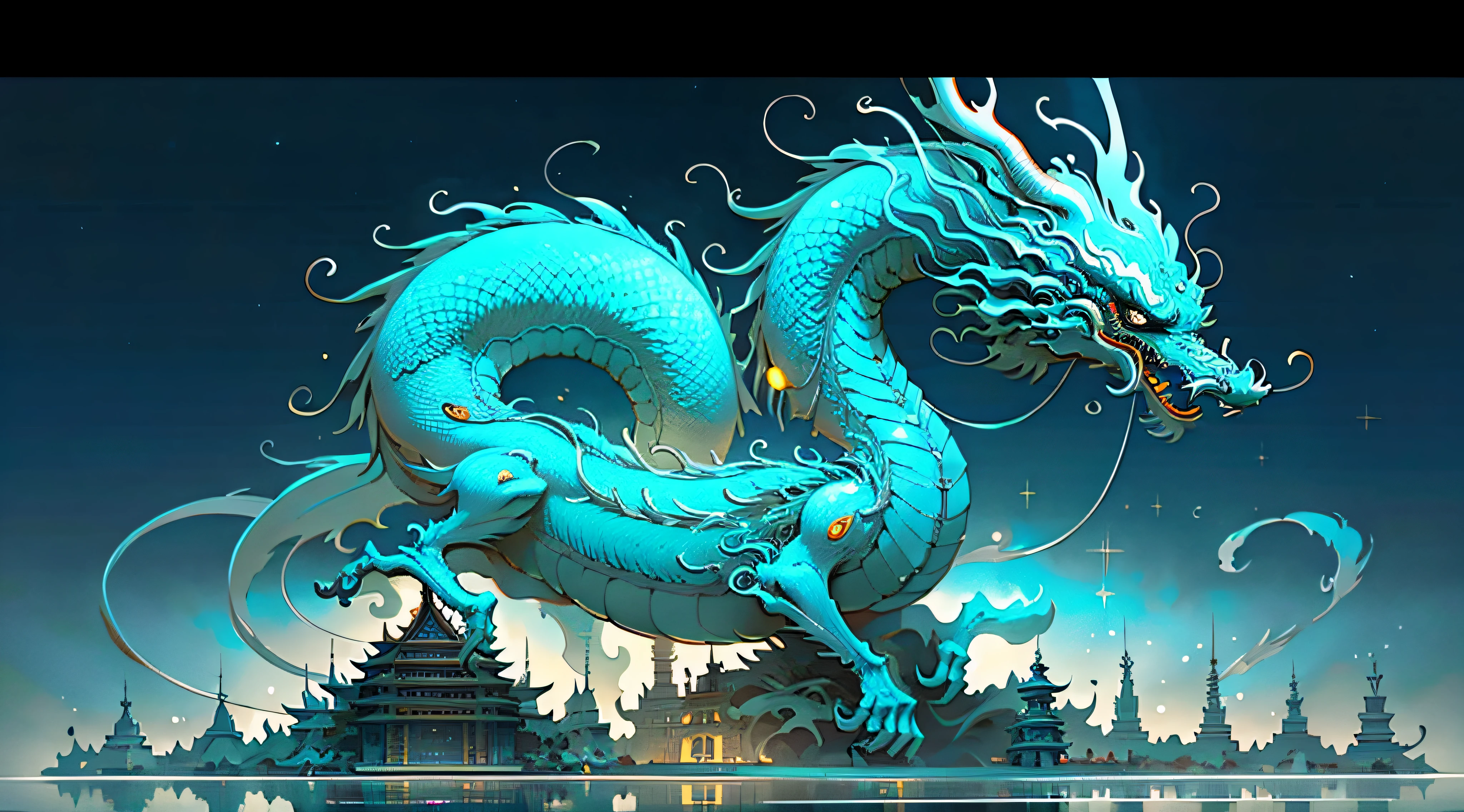 (masterpiece, best_quality, ultra-detailed, immaculate:1.3), epic, illustration, (long:1.2), eastern dragon, "the Dystopian Temple, Luminescent"