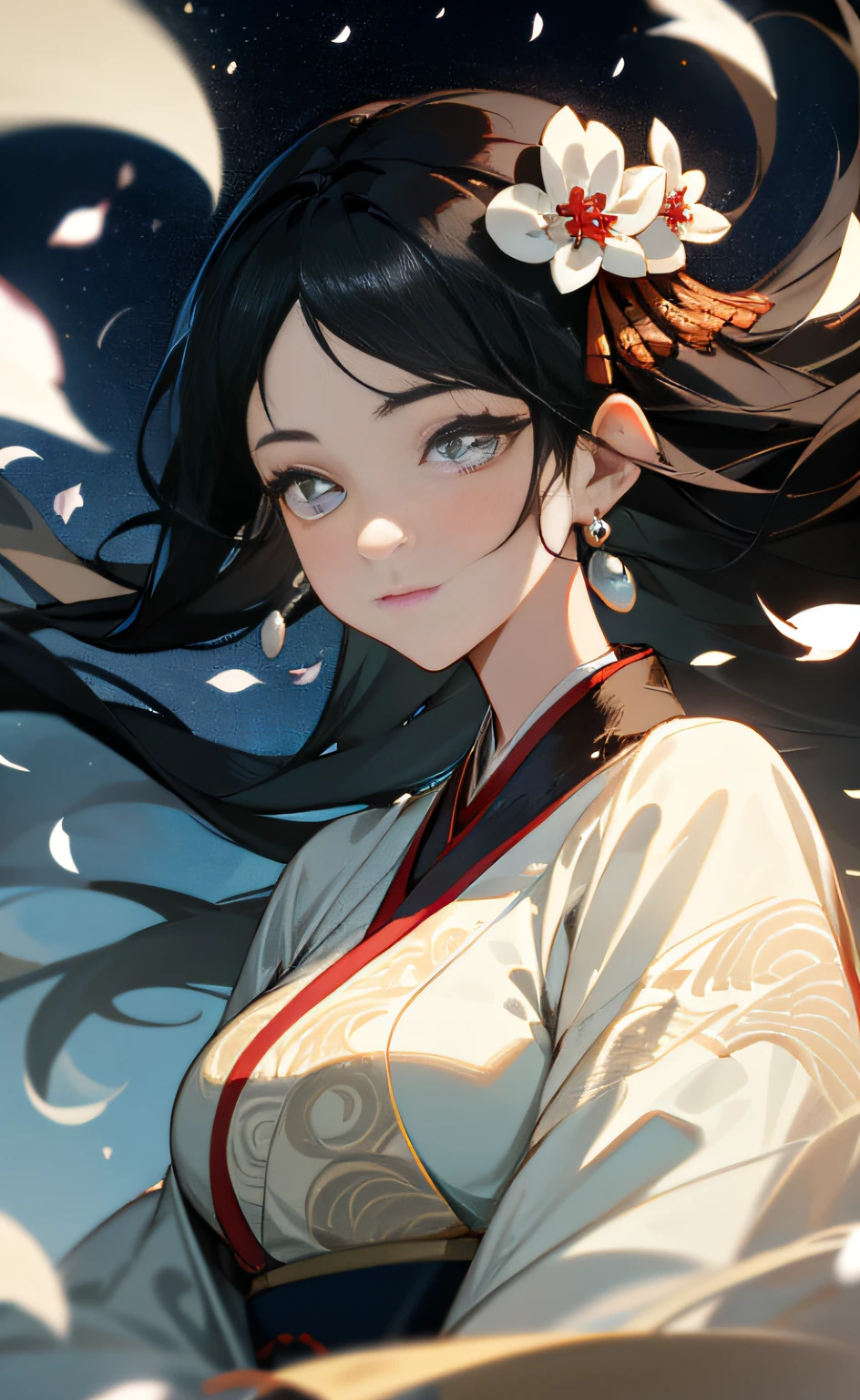 Mature girl , Black hair, Floating hair, delicate and smart eyes, Starry pupils, White intricate damask hanfu, Gorgeous accessories, Wearing pearl earrings, fov, F1.8, Masterpiece, Complexscenes, Petals flying, front portrait shot, Chang'e,Bigboobs