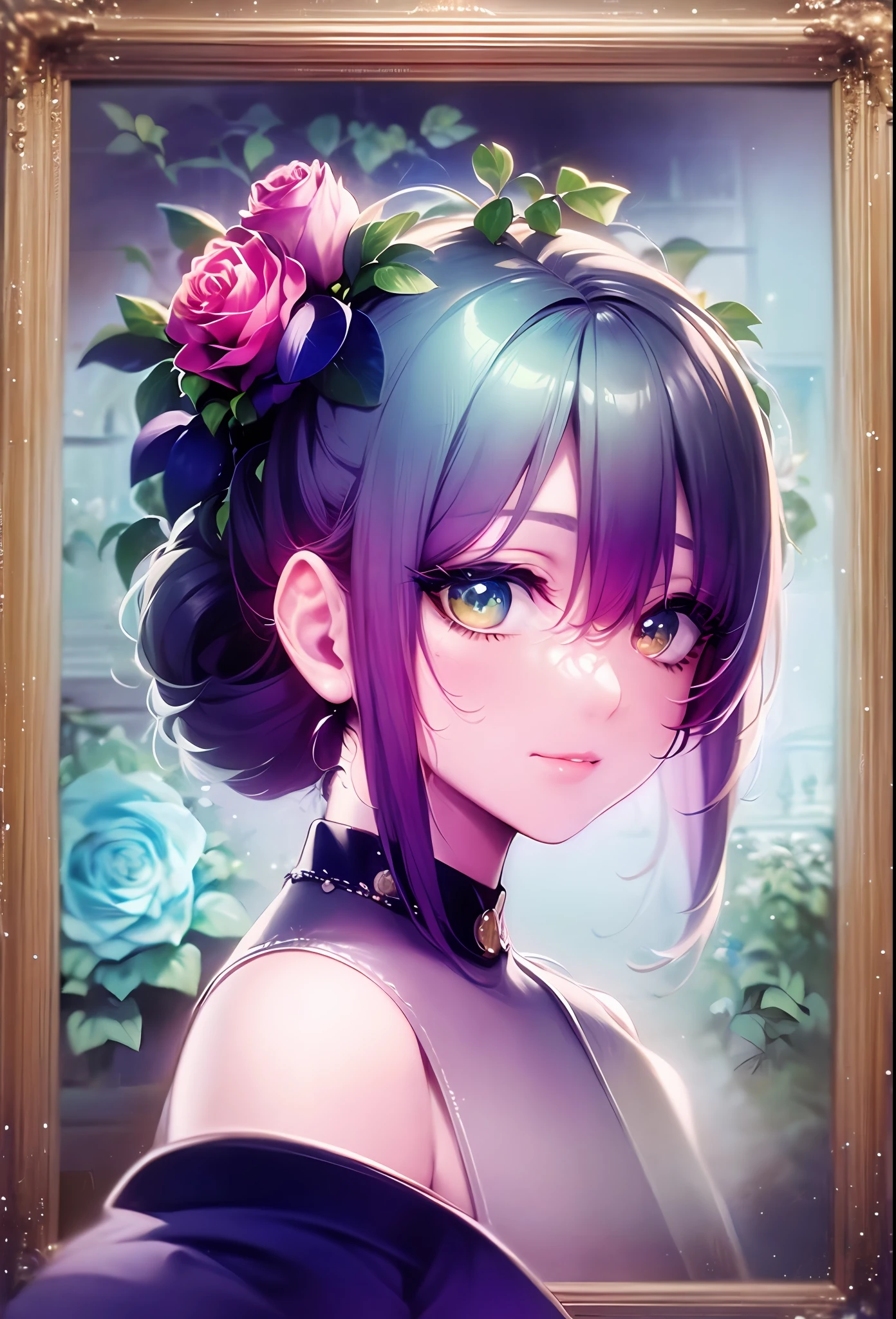 world masterpiece、collection、Homage to the art or artist work of Picasso and Renoir, Not sentimental、Excellent portrayal、Gentle expression、More detailed character faces, Serious competition、Compositions like paintings、Konmutsuki_Gacha_Series 1, punk_rosette, realistic、Delicate brushwork、aqua color flowers, Full body, elegant flowers background