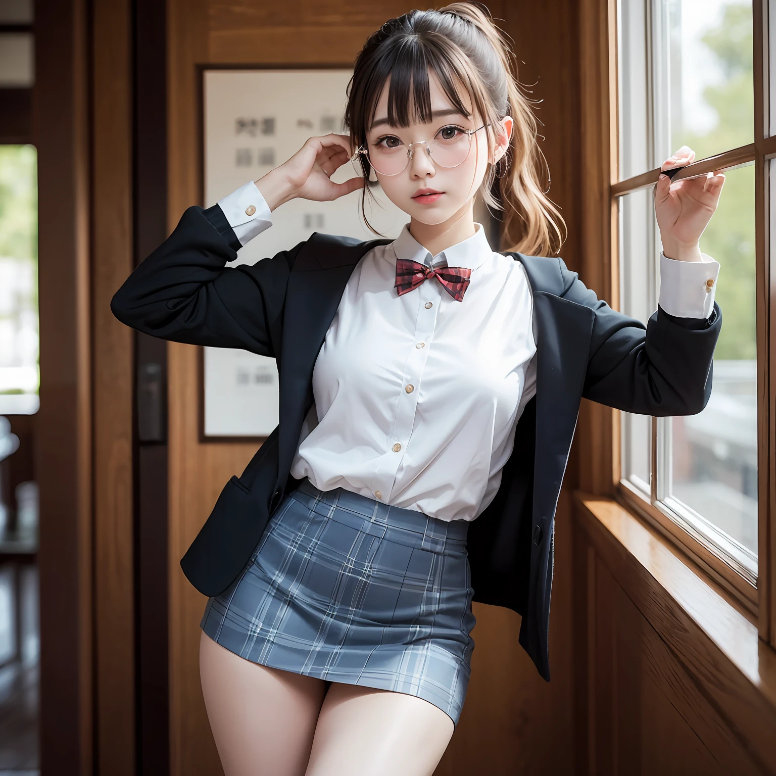 （8K、Raw photography、top-quality、​masterpiece：1.2）,full body Esbian,​masterpiece,top-quality、超A high resolution,Raw photo,ren,Beautiful fece,One Person, 独奏,eye glass,,Dark look,Small breasts,fullllbody,Round glasses、cute little、A Japanese Lady,is standing,(Tight eyes,Bullish,skinny,Rasping,irate,small tits,flat breast)、（Photorealsitic：1.37）、Photon mapping,Light blue ribbon,Realistic、Cute little face,Brown-eyed、Black socks、Red bow tie、Radio City、Physically Based Rendering、Foreground、depth of fields、Blurry background、a picture,The girls、Body, Long legs, Thin leg, Single knot ponytail,(Bangs are visible), hair, s lips, Blue_The eye, nosesoft,  Light blue shirt, Navy blue and blue and white plaid pleated skirt, Sheer clothing,, Thigh, Black cotton socks,Nogizaka Idol, 女優, Japanese ido