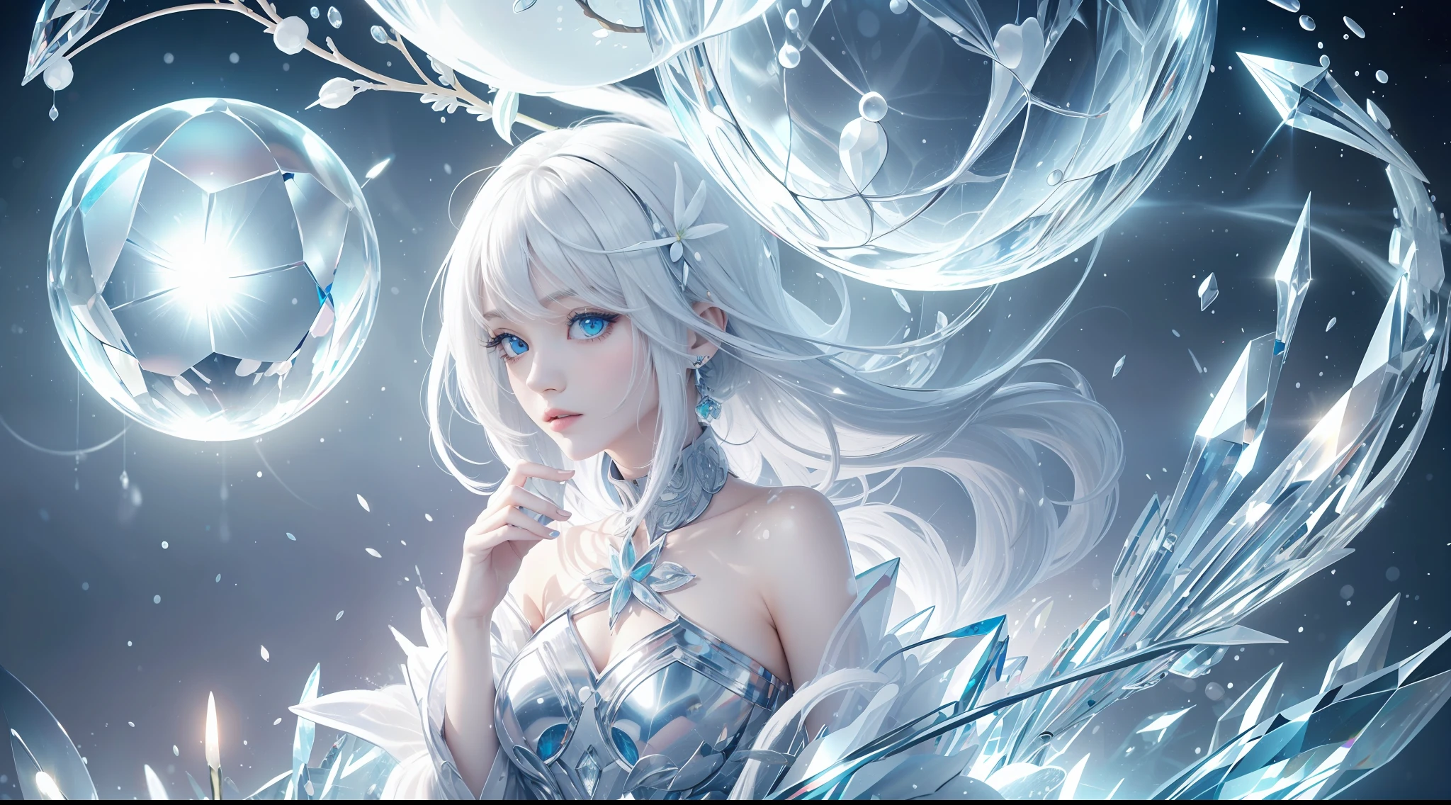 realisticlying,(tmasterpiece,top Quority,best qualtiy,offcial art,Beauty and aesthetics:1.2),The is very detailed,s fractal art,Colorful,Most detailed,zentangle,(abstract backgrounds:1.5)(1boy:1.3),Kamimei,a beauty girl,white color hair,(Glowing blue eyes),mistic,(magia),Ice and snow,((Snowdrop)),spherical body, crystal sphere, dream magical --auto