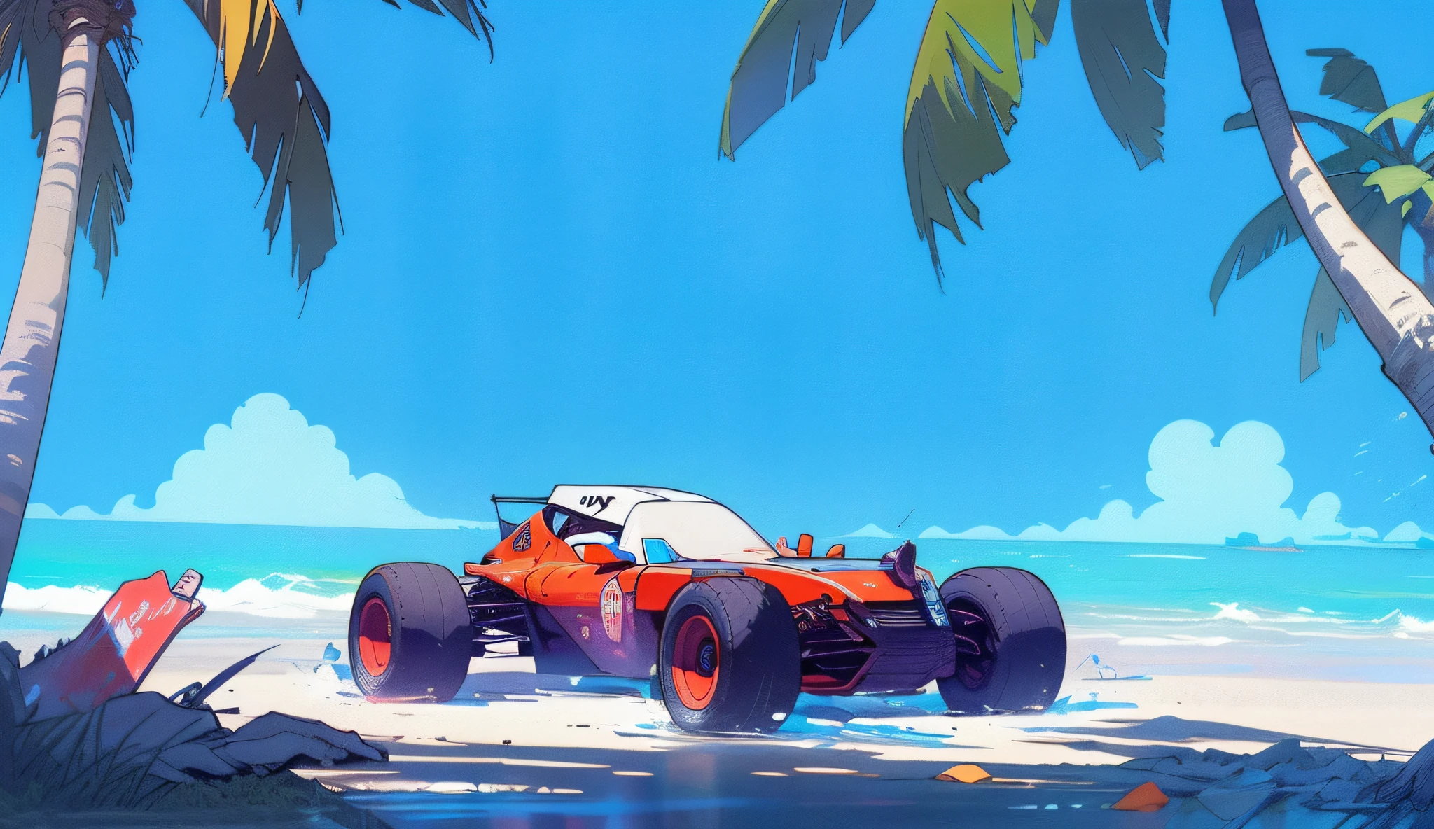 cartoon car on a beach with palm trees and surfboards, nicolas bouvier sparth, anime art vehicle concept art, outrun art style, art deco outrun anime aesthestic, colorful concept art, concept art style, concept art style, car concept art, author：Raymond Han, author：Alexander Jean, concept art digital illustration, 2D concept art