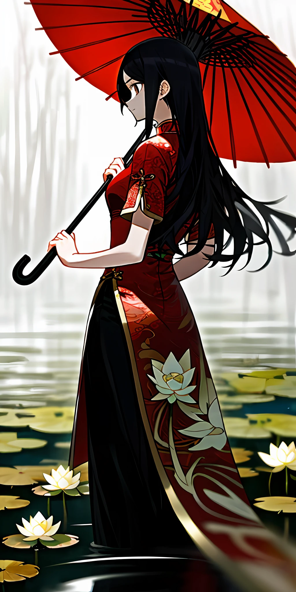 (tmasterpiece,best qualtiy),A long girl with black hair stands in front of a lotus pond,The slender body turned its back to us,He holds an oil-paper umbrella in his right hand,Wearing a red cheongsam,Blurred foreground