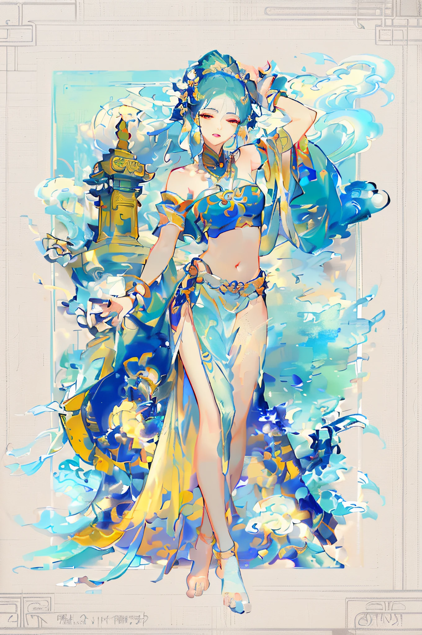 arafed image of a woman in a belly dance costume, alphonse mucha and rossdraws, by Yang J, inspired by Fenghua Zhong, full color illustration, a beautiful fantasy empress, inspired by Lan Ying, by Shen Zhou, a beautiful artwork illustration, by Qu Leilei, by Yan Hui, by Zeng Jing, by Lu Guang