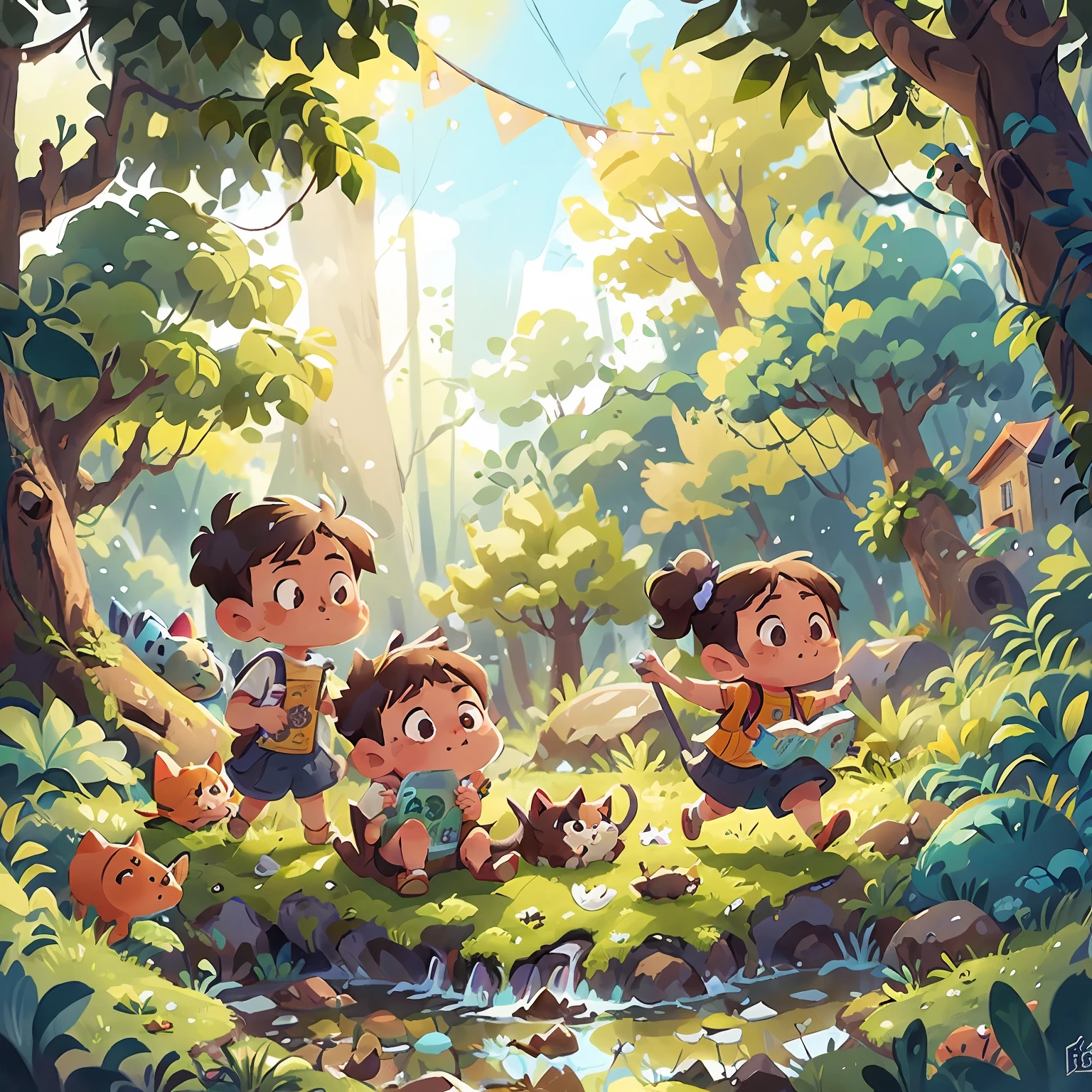 Cartoon illustration of two cats playing in a forest stream, Behind is a blue sky，Humans are replaced by small animals，Bottle in hand，colorful ???? book illustration, children's book illustrations, childrens art in artstation, Mobile game art, children's book illustrations, Game illustration, children illustration, Cartoon style illustration, children illustration, children's book illustrations, 2 d illustration, 2D illustration, epic full color illustration, Game art, author：Ryan Yee
