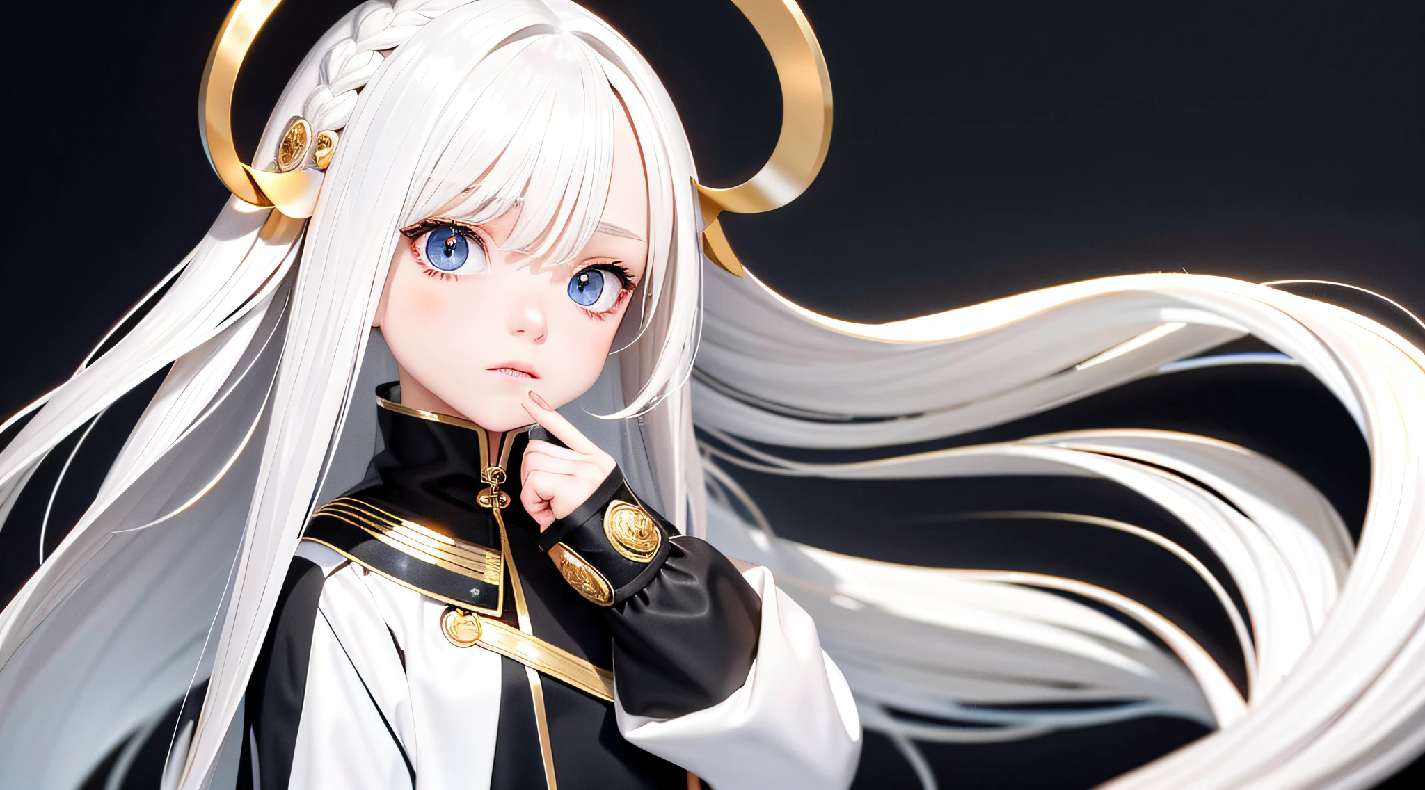 Need,tmasterpiece,whaite hair,Golden eyes,Manteau blanc,Look up,The upper part of the body,Hairline,Fair skin,SideBraid,largeeyes,small-nose,little mouth,Highest image quality,White hair