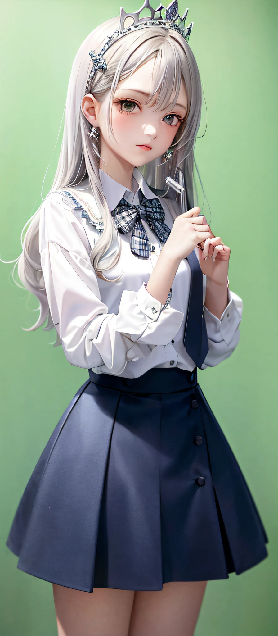 1girl, (masterpiece:1.1), (best quality:1.1), (white blouse:1.1), (checkered skirt:1.1), school uniform, high-waist skirt, BREAK [blue:pink:0.5] theme, (gradient background:1.1), cowboy shot, BREAK silver hair, long hair, , green eyes, intricate detailed tiara, looking to the side,