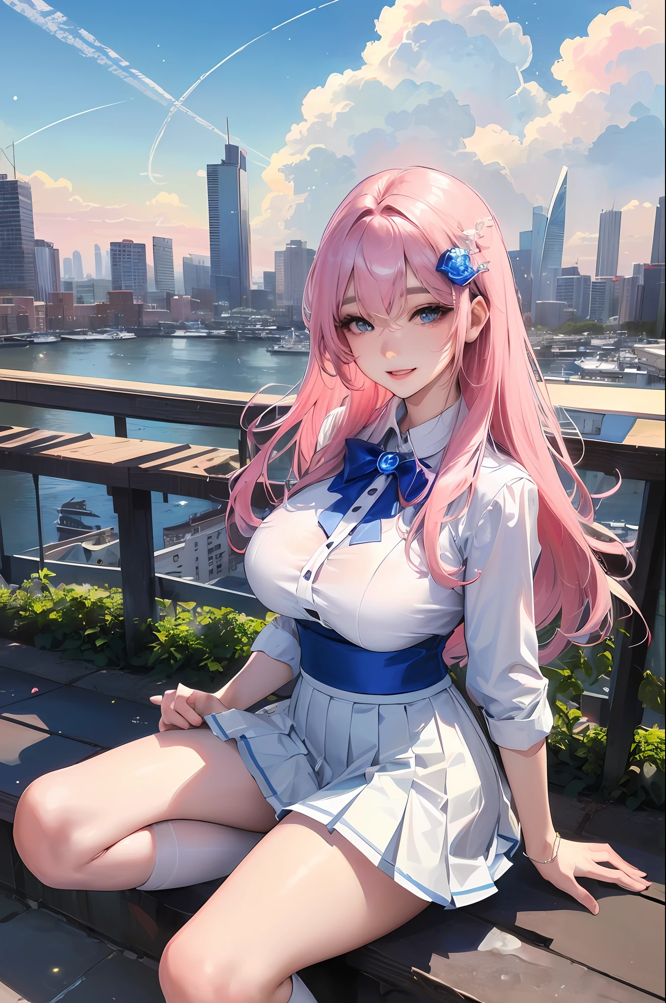 official art, masterpiece, sharp focus, (beautiful gorgeous cute Korean woman:1.3), (beautiful cute korean:1.3), korean beauty, Delicate and beautiful hair and eyes and face, realistic, ultra detailed, beautiful girl, blue sky, glow white particle, (sidelighting:1.2), sun light, white cloud, detailed clouds, slender, Lovely very large breasts and very large hips, smile with teeth, ((smile with eyes, open both eyes)), scenery, long straight hair, sexy facial expression, building, (cityscape:1.7), dynamic hair, long straight hair, detailed platinum pink hair, glow blue eyes, (blue pleated shirts + white skirt), white long socks, pale skin, hair ornament, epic scenery,
