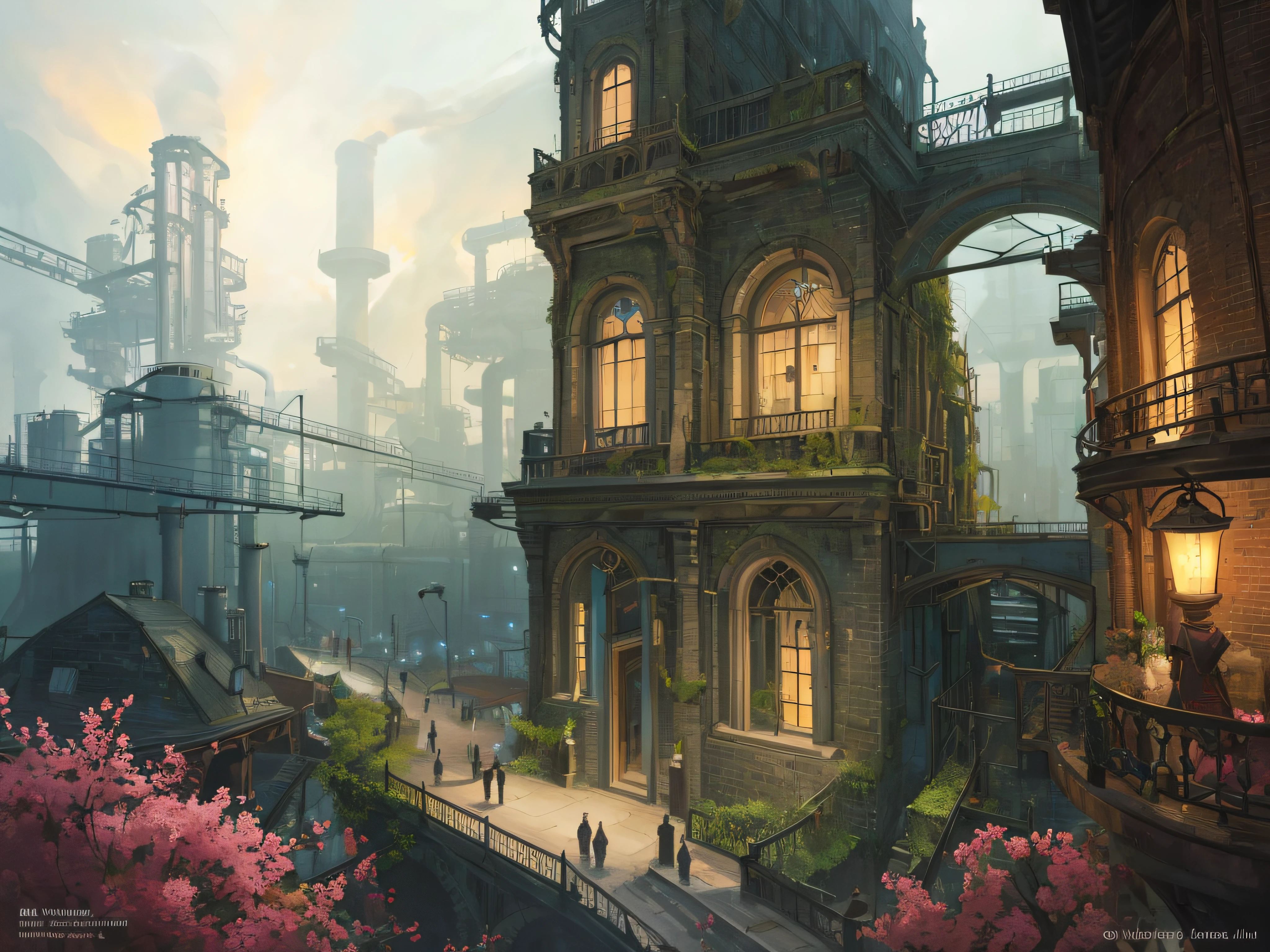 a color (Fantasy: 1.2), (Early 19th century style), Underground city, houses in the style of the early 19th century, (industrial revolution), (((factories of the factory))), Plants, Work, arches, Plants, lanterns, Sateen, crowd, dressed in the style of the Industrial Revolution, bridges, train, Floral decorations, Lights, ConceptArt, Artstation contest winner, Fantasy art, by Ross Tran, light shafts, Realistic lighting, tmasterpiece, hiquality, Beautiful graphics, higly detailed, tmasterpiece, hiquality, Beautiful graphics, higly detailed, low key light, gloomy atmosphere, smoke from chimneys, darkness --v6