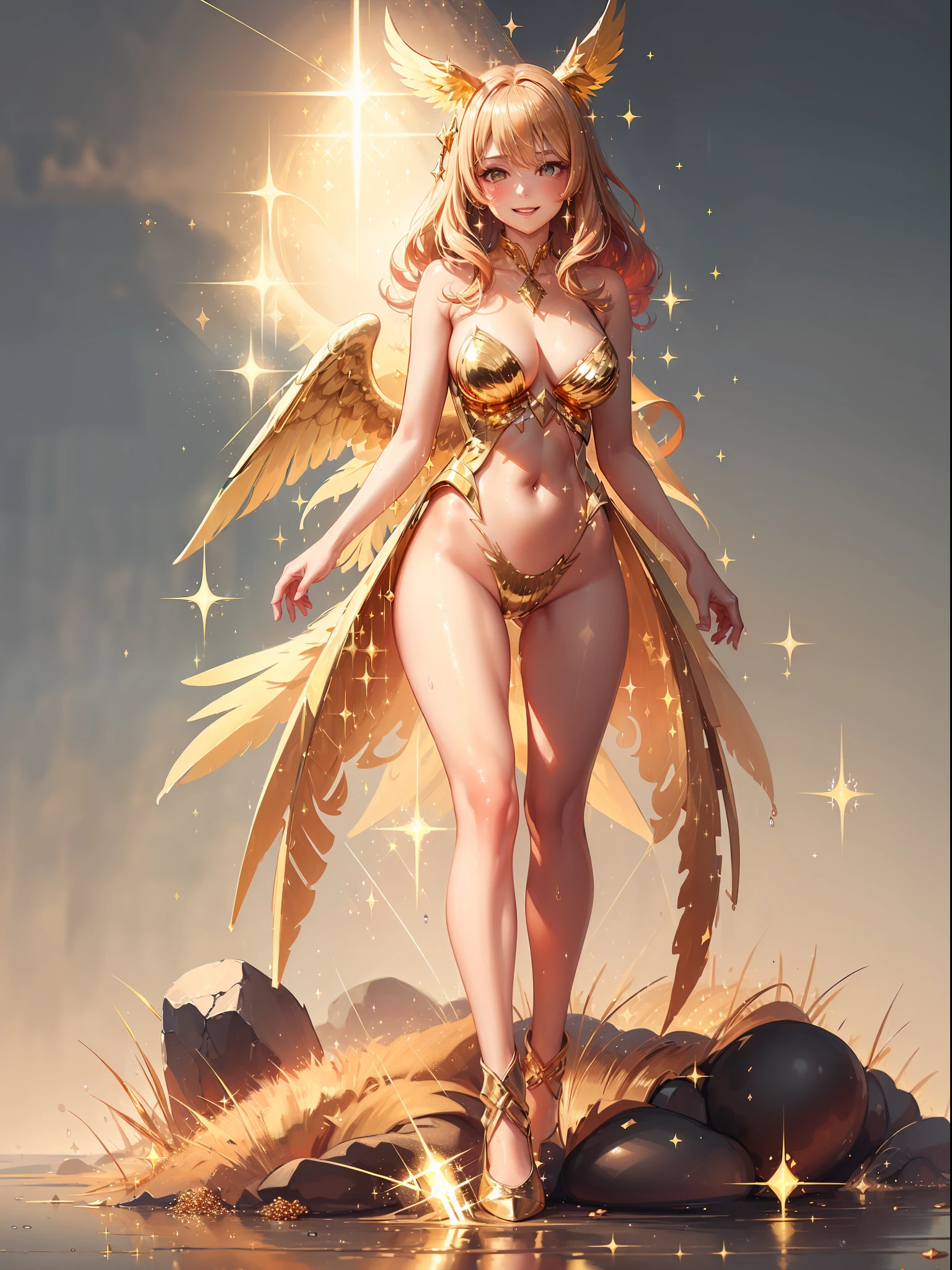 (Sparkle:2.0), Golden Angel, ((golden feathers:1.3)), Blonde, Gold costume, Golden sky, ((Gold grains rained down，It rained down:1.3)), Kemono ears, Giant chest in the middle, Smile, Blush,(Perfect body:1.1),(Short wavy hair:1.2),Full body shot,(Very elaborate CG 8K wallpaper)(Very delicate and beautiful),(Masterpiece),( Best quality): 1.0), (hyper HD: 1.0), [High definition], Detailed skin, Ultra detailed ((Colorful)),