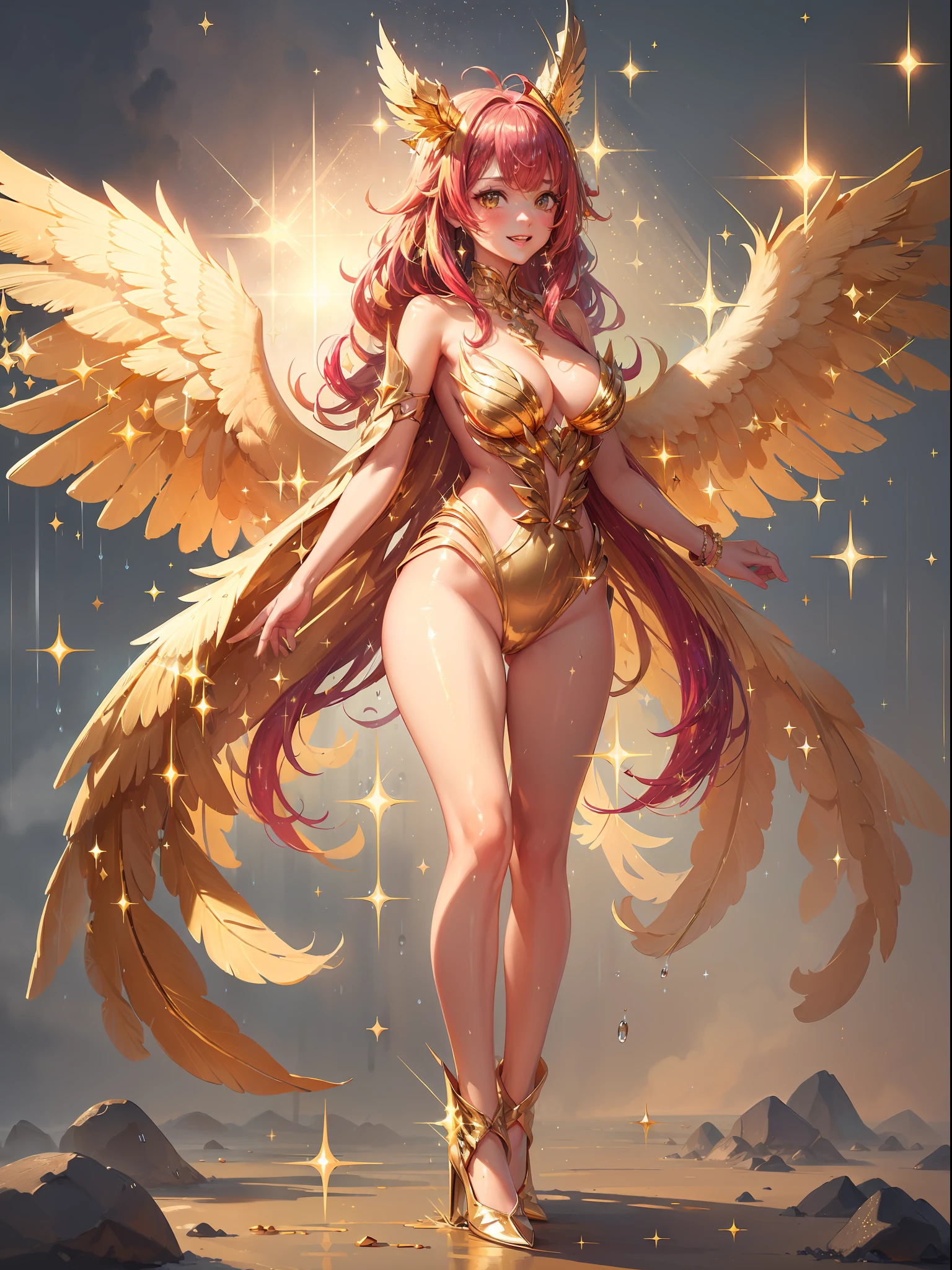 (Sparkle:2.0), Golden Angel, ((golden feathers:1.3)), Blonde, Gold costume, Golden sky, ((Gold grains rained down，It rained down:1.3)), Kemono ears, Giant chest in the middle, Smile, Blush,(Perfect body:1.1),(Short wavy hair:1.2),Full body shot,(Very elaborate CG 8K wallpaper)(Very delicate and beautiful),(Masterpiece),( Best quality): 1.0), (hyper HD: 1.0), [High definition], Detailed skin, Ultra detailed ((Colorful)),